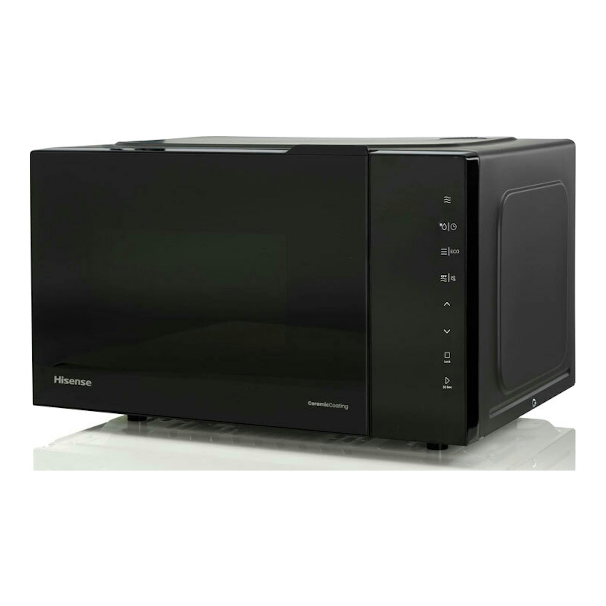 Microondas Hisense H23MOBS5HG4 negro, vista frontal en ángulo, con panel táctil lateral derecho.