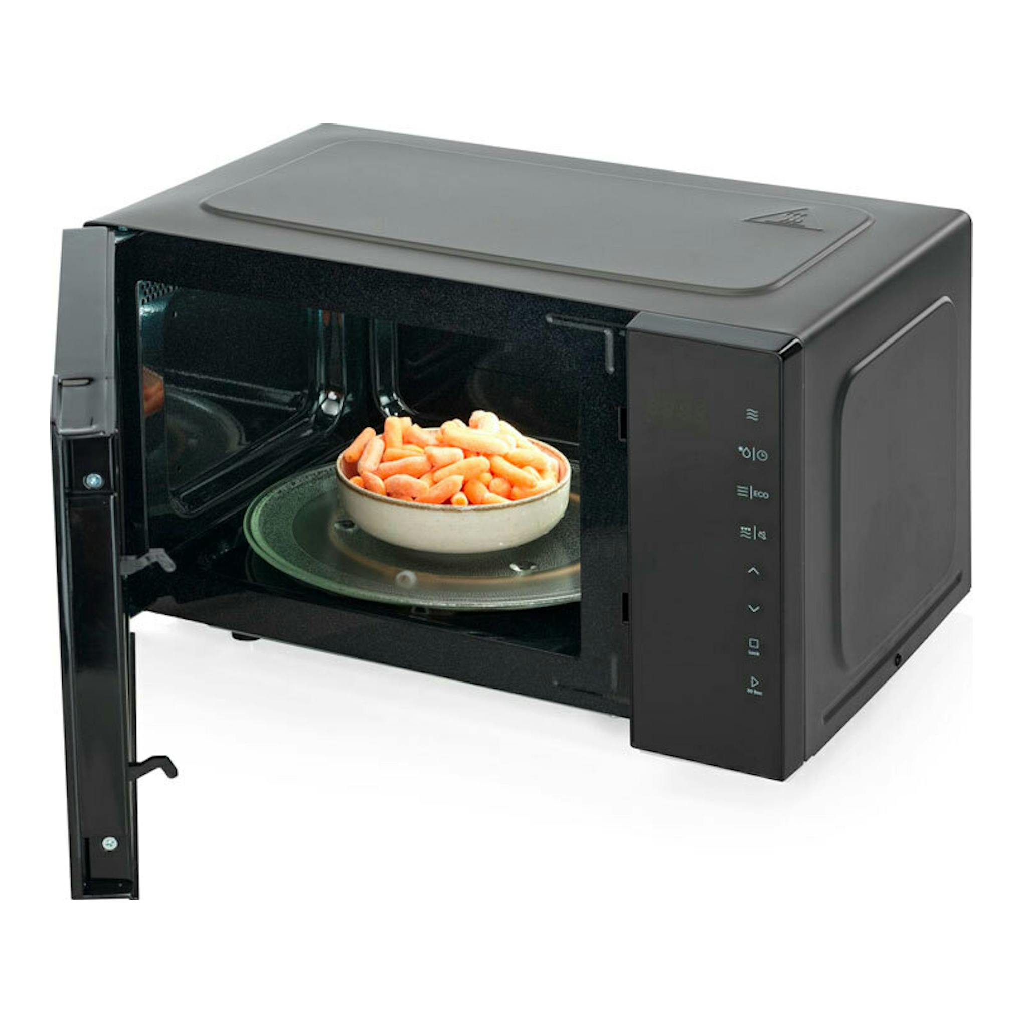 Microondas Hisense H23MOBS5HG4 negro, vista frontal izquierda con la puerta abierta y un bol dentro.