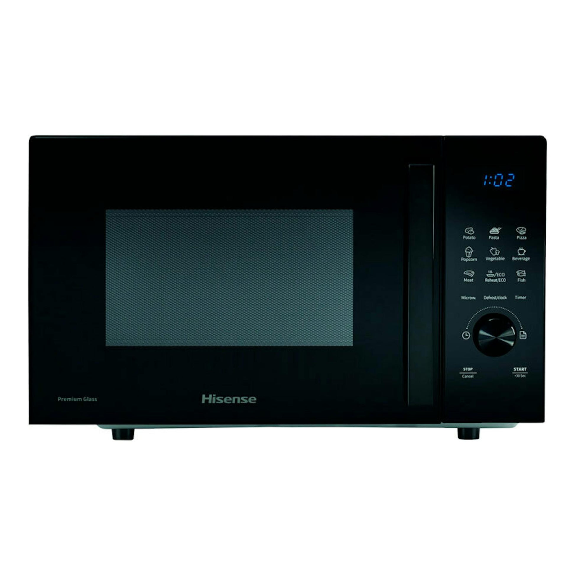 Microondas Hisense H23MOBSD1H negro, vista frontal, con panel digital y puerta de vidrio.