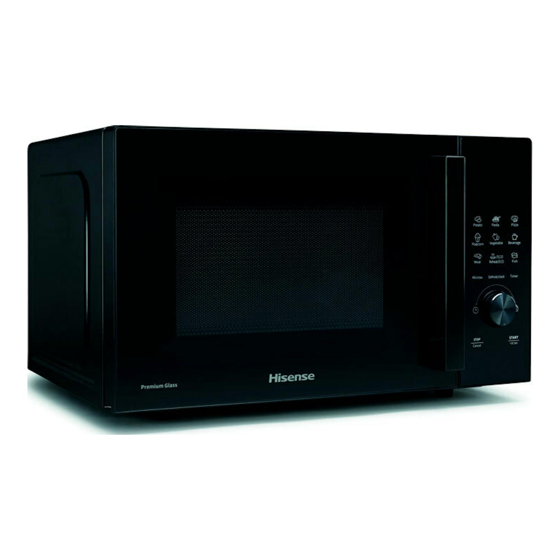 Microondas Hisense H23MOBSD1H negro, vista frontal en ángulo, con panel de control digital a la derecha.