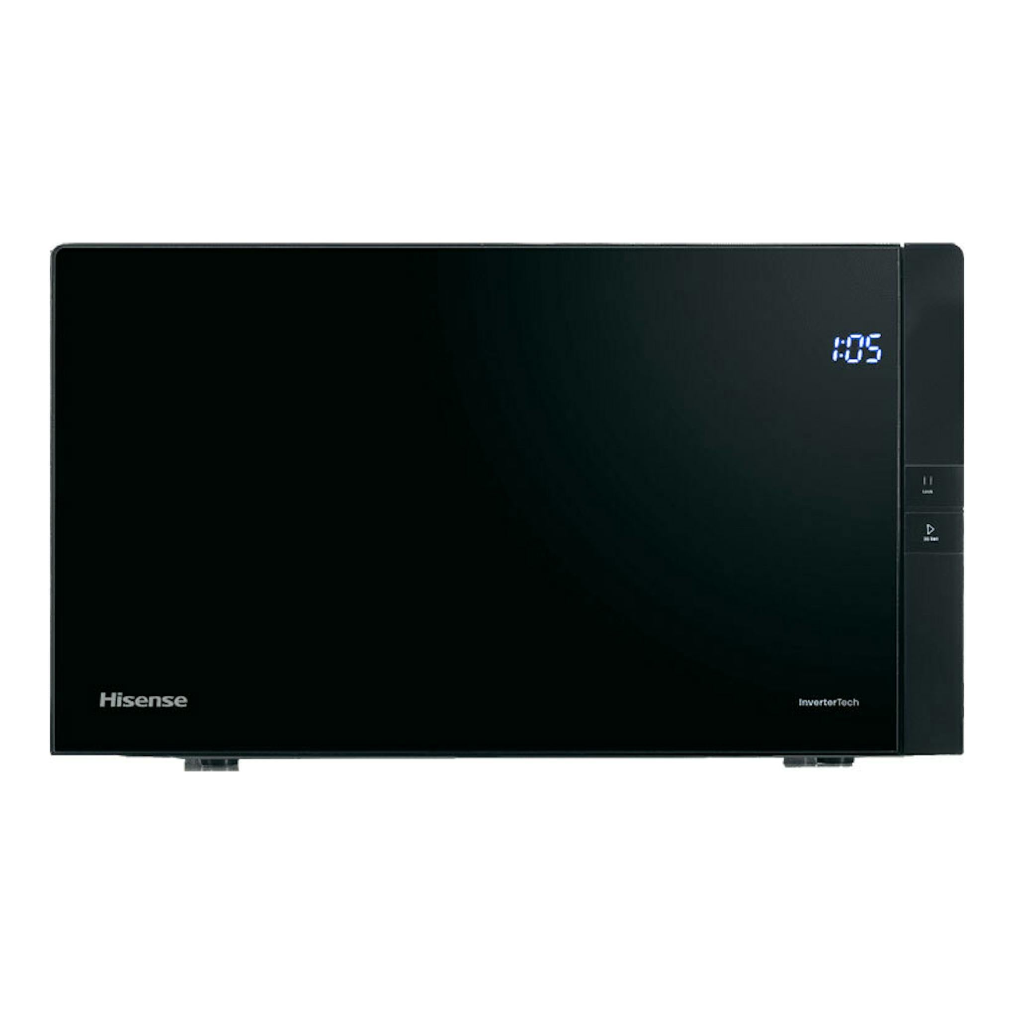 Microondas Hisense H25MOBS4HGI negro, vista frontal, con display digital azul y panel lateral derecho.