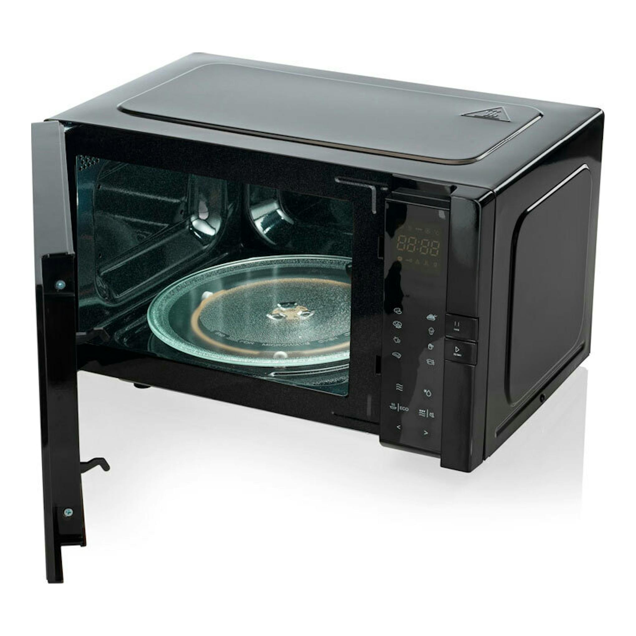 Microondas Hisense H25MOBS4HGI negro, vista frontal izquierda, con puerta abierta y cavidad interior visible.