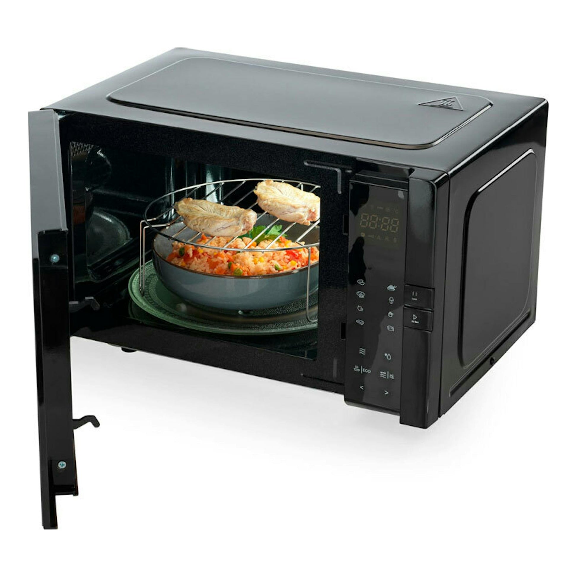Microondas Hisense H25MOBS4HGI negro, vista frontal en ángulo, con la puerta abierta.