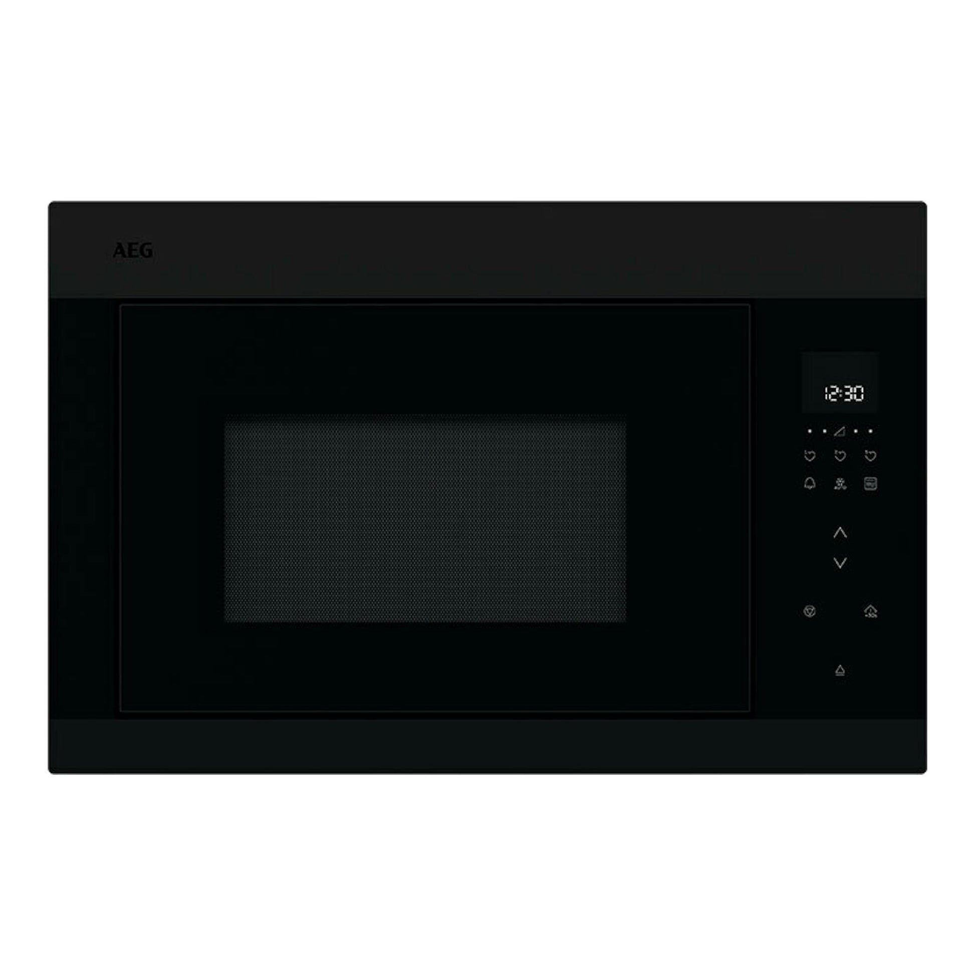 Microondas integrable AEG OMB6G261TT negro, vista frontal, con pantalla digital y panel táctil a la derecha.