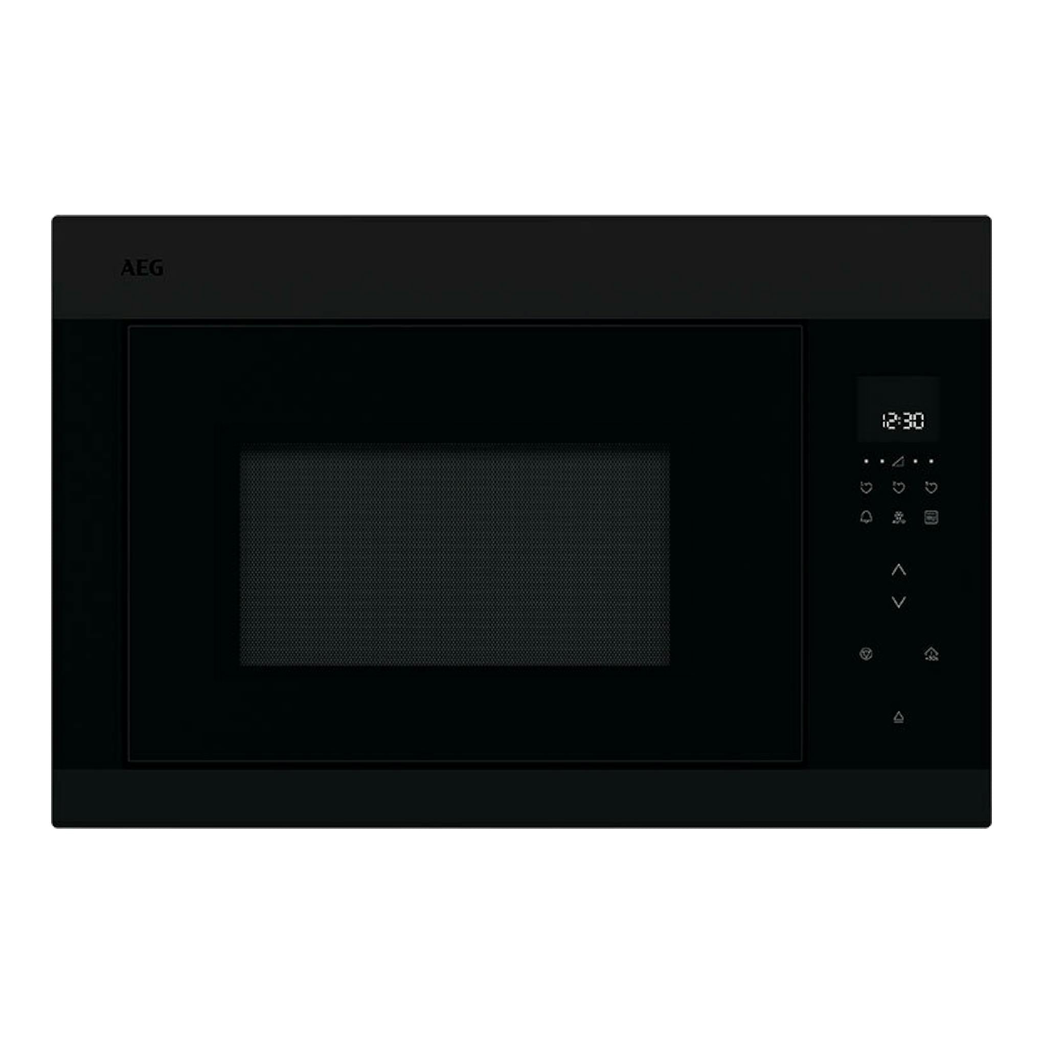 Microondas integrable AEG OMB6G261TT negro, vista frontal, con pantalla digital y panel táctil a la derecha.