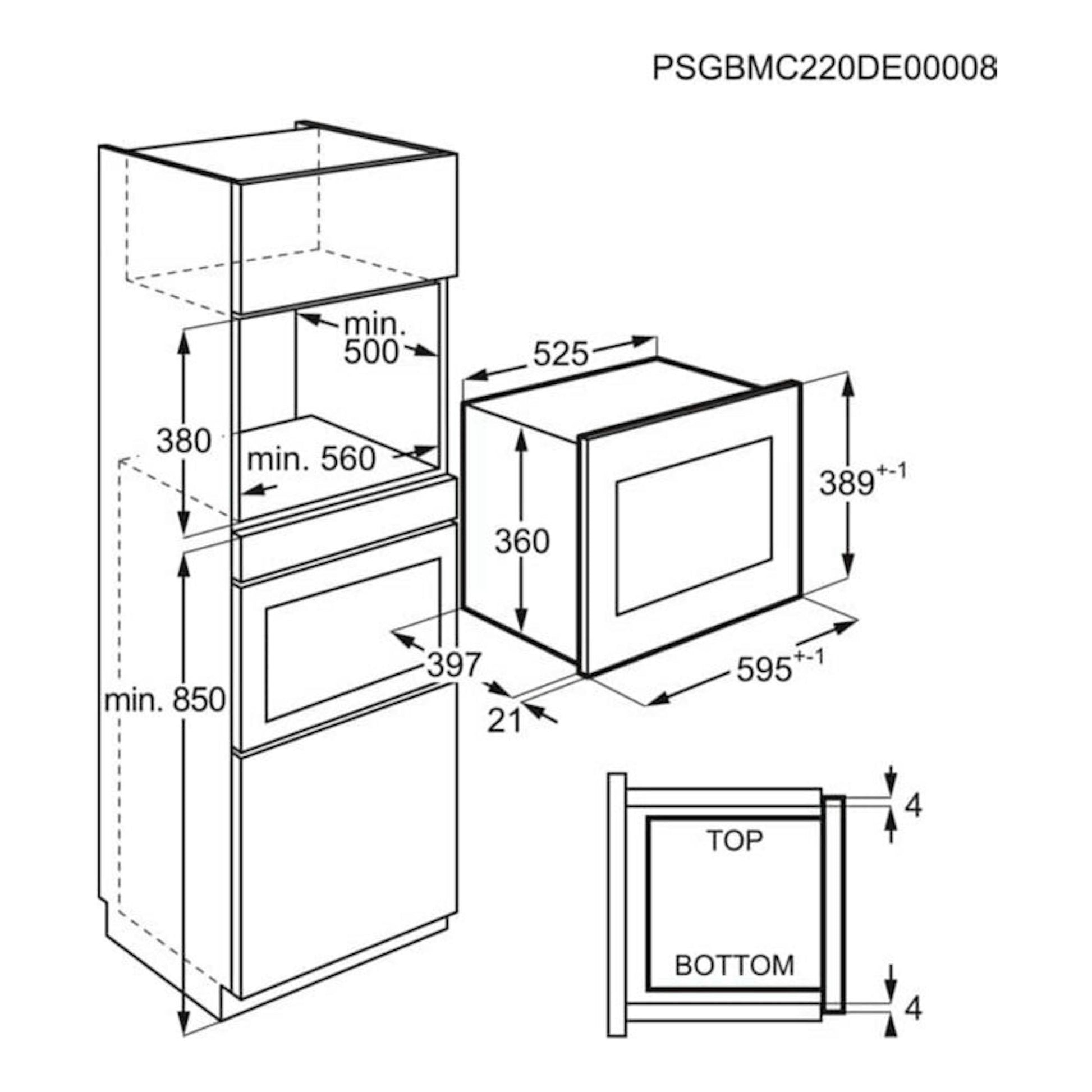 AEG OMB6G261TT: esquema de instalación de microondas integrable en mueble, vista frontal y lateral, con medidas.