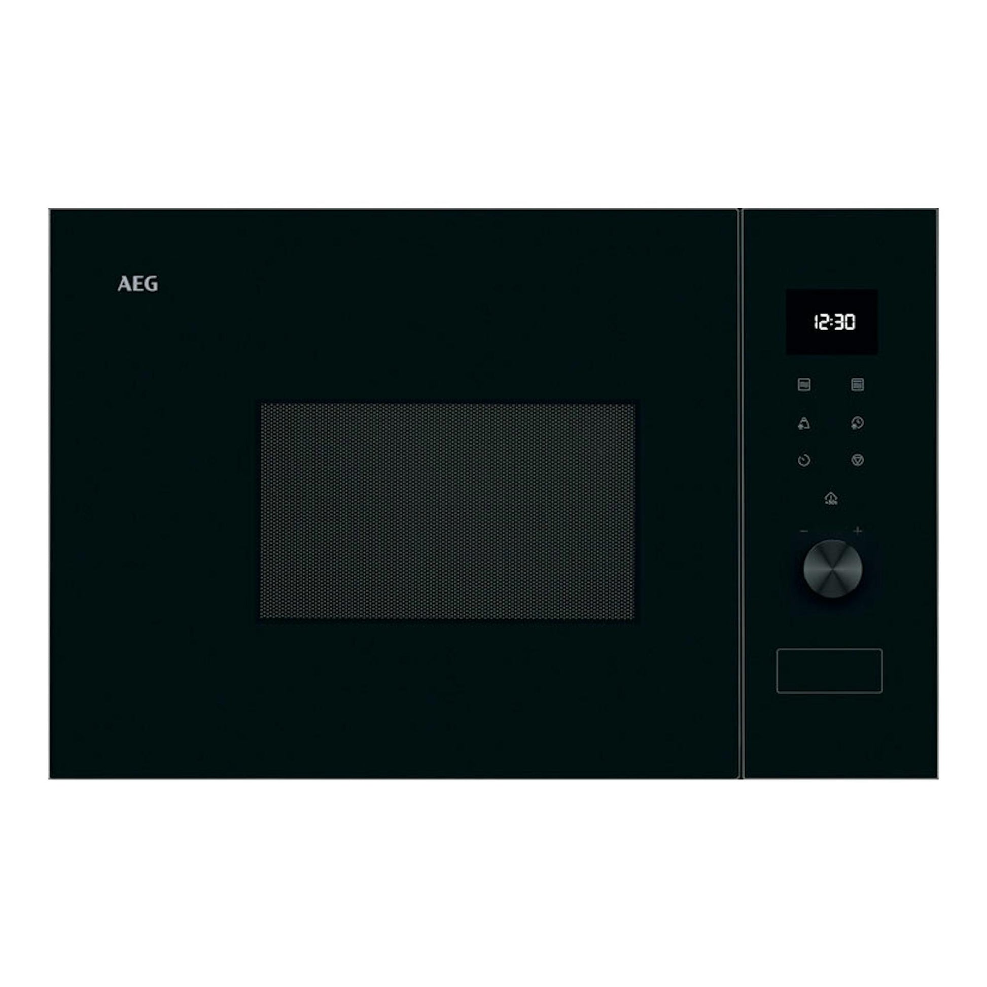 Microondas integrable AEG OS5MG20EB negro, vista frontal, con pantalla digital y mando giratorio.