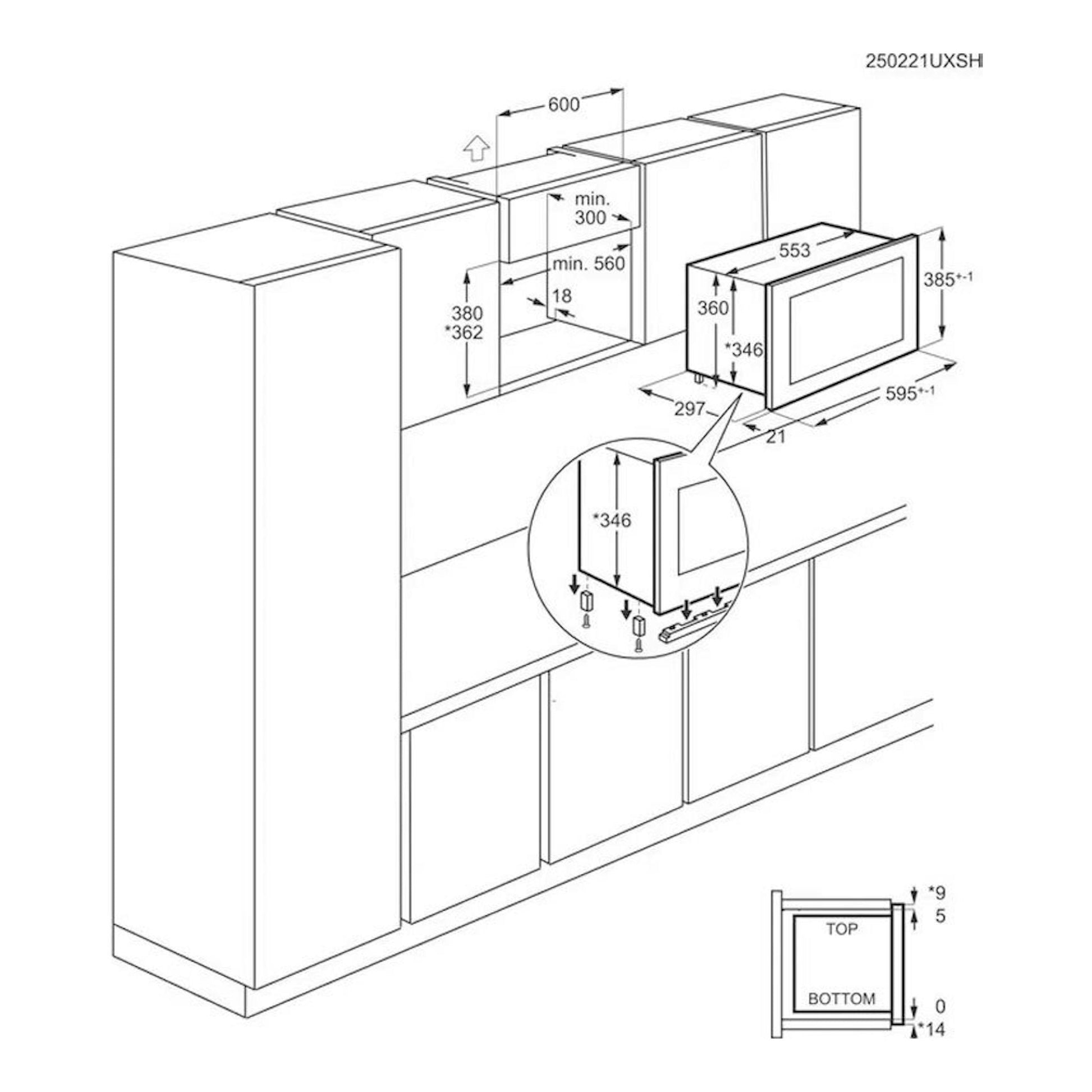 AEG OS5MG20EB: esquema técnico en blanco y negro de microondas integrable en mueble, con medidas de instalación.