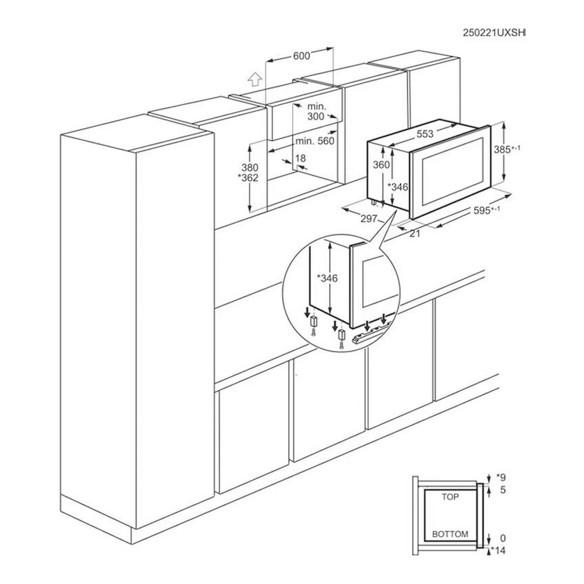 AEG OS5MG20EB: esquema técnico en blanco y negro de microondas integrable en mueble, con medidas de instalación.