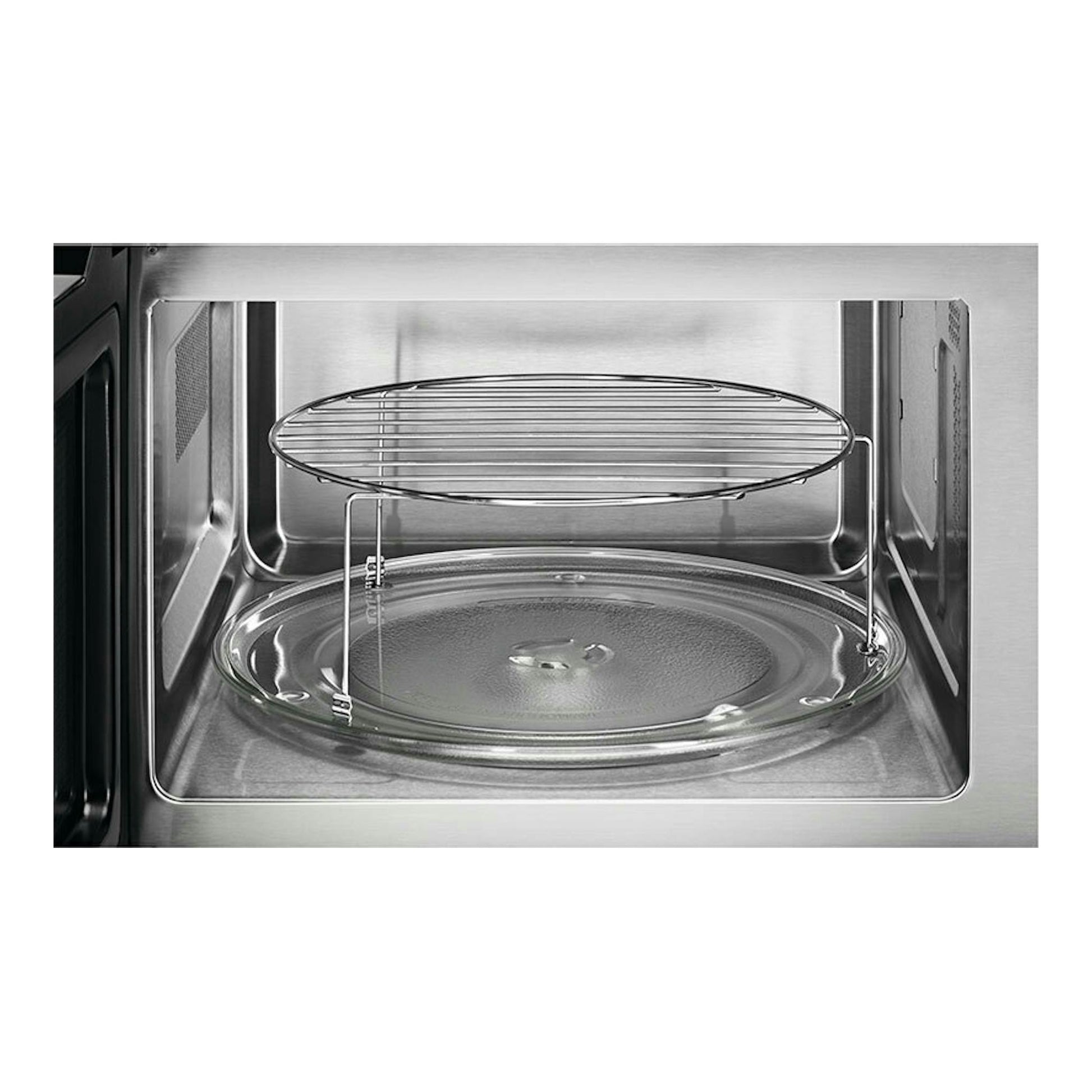 Microondas integrable AEG OS5MG20EB, interior de acero inoxidable con plato giratorio de vidrio y rejilla metálica.