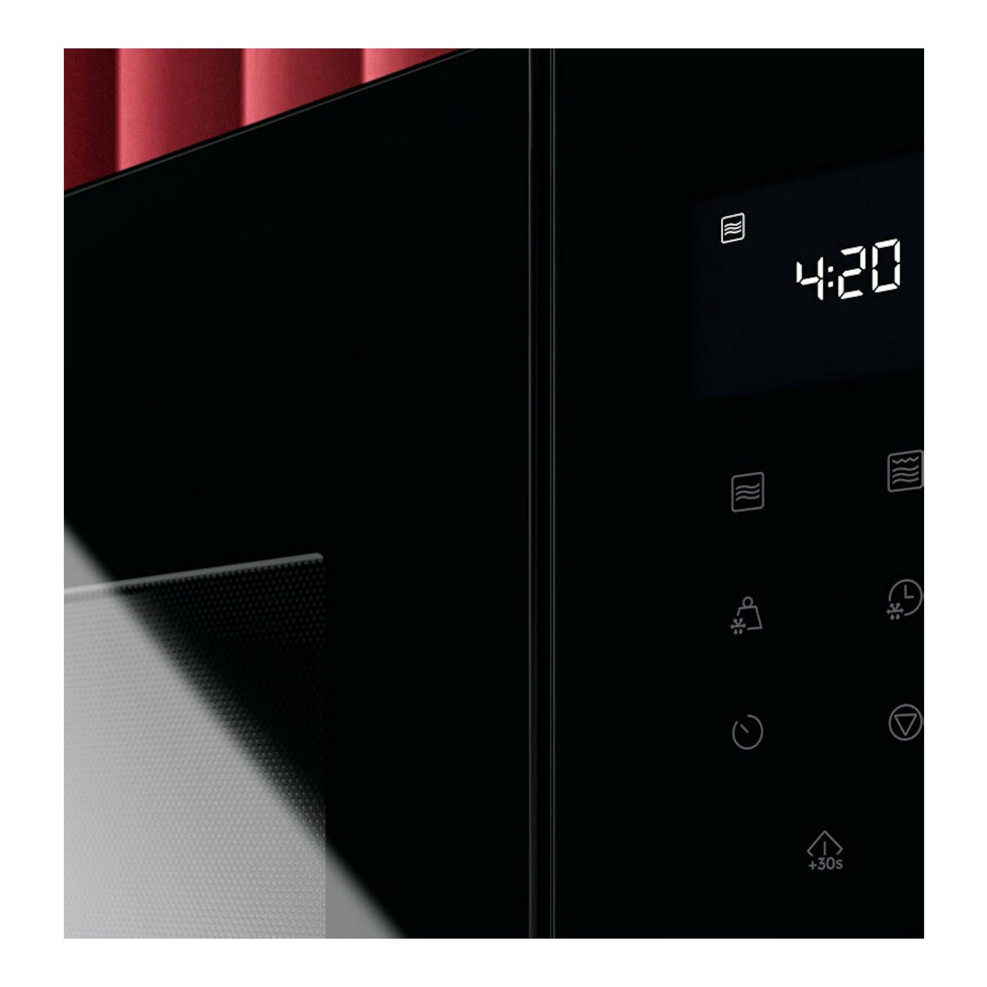 Microondas integrable AEG OS5MG20EB negro, vista frontal en detalle con pantalla táctil y reloj 4:20.