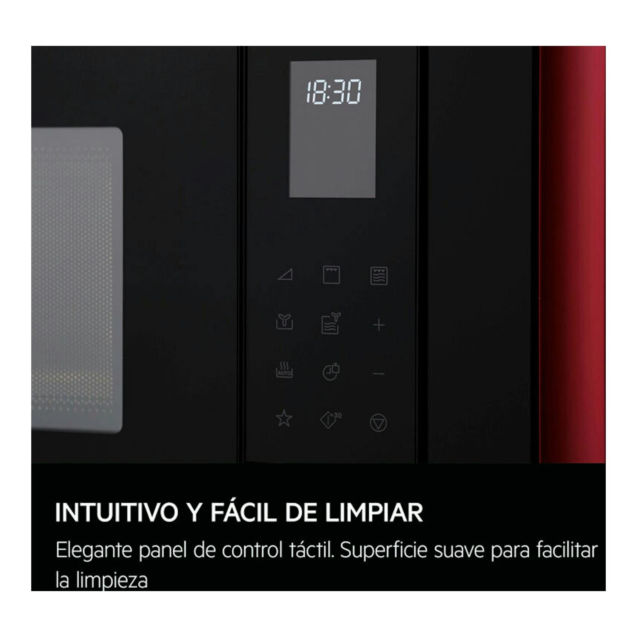 Microondas integrable AEG OS5MG20EB negro, vista frontal parcial con panel táctil y display 18:30.