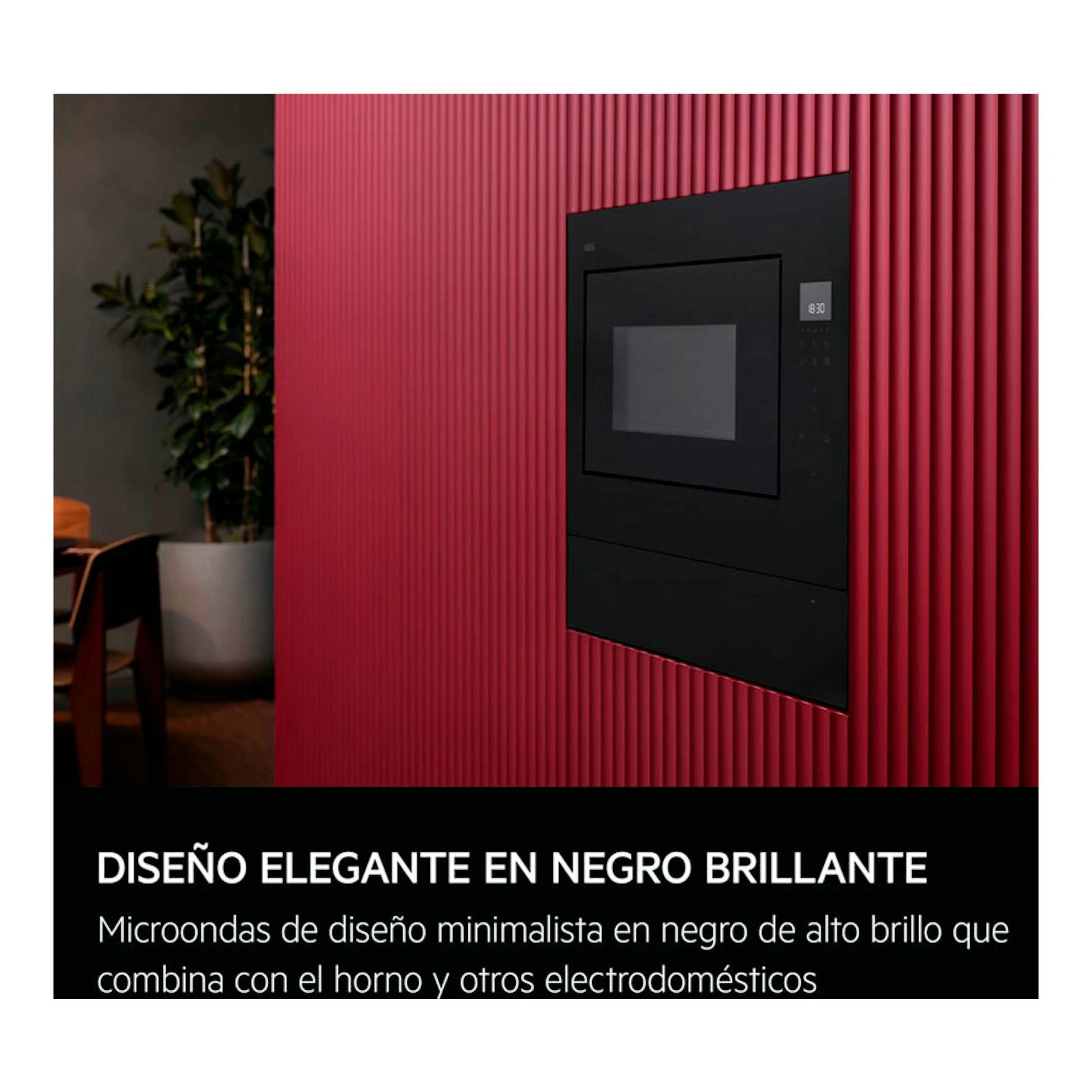 Microondas integrable AEG OS5MG20EB negro, vista frontal, empotrado en pared roja acanalada.
