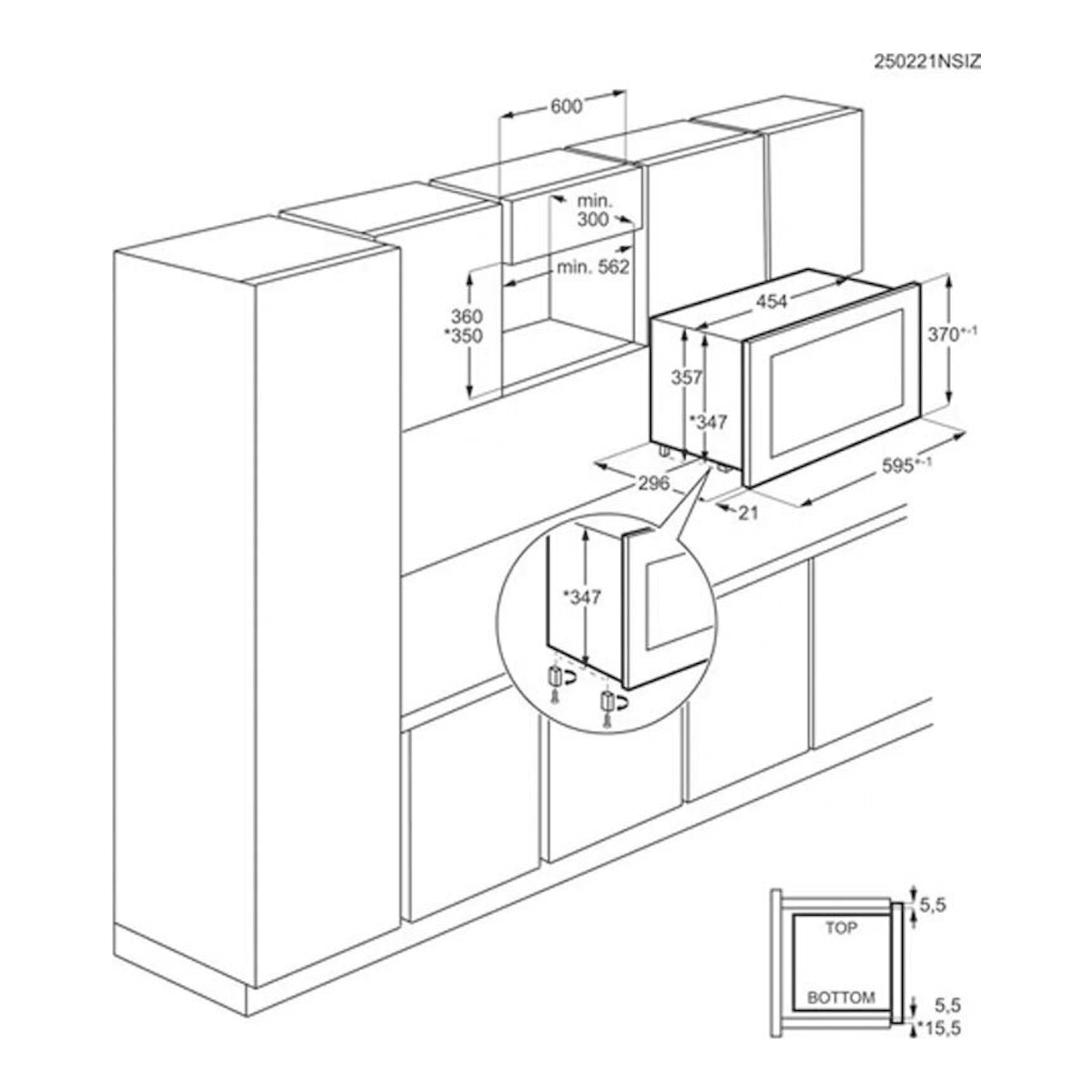 AEG TB6GM171DB: esquema en blanco y negro de instalación de microondas integrable en mueble, vista isométrica.