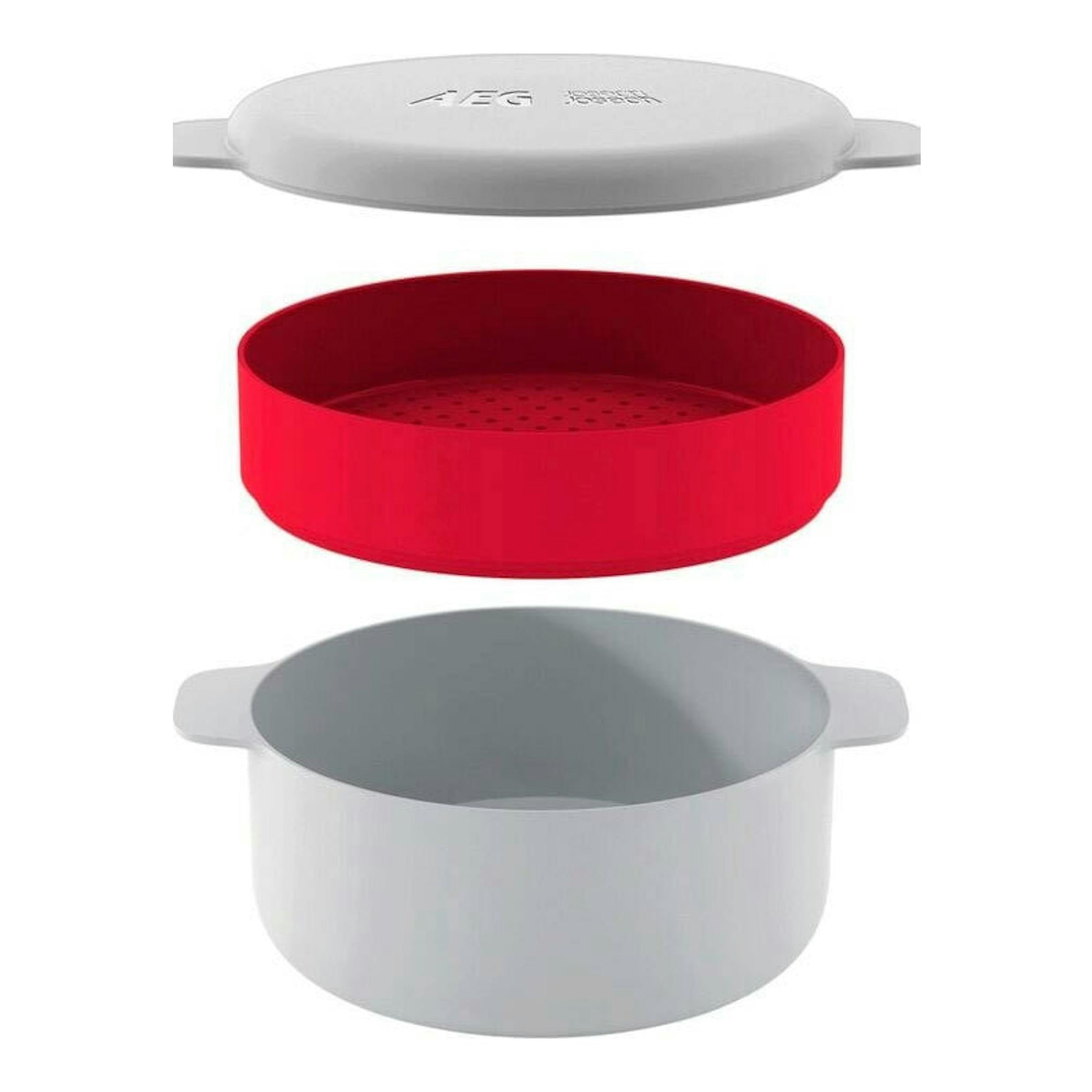 Set AEG TB6GM171DB de recipientes redondos para microondas, en vista frontal, blanco y rojo, con tapa gris.