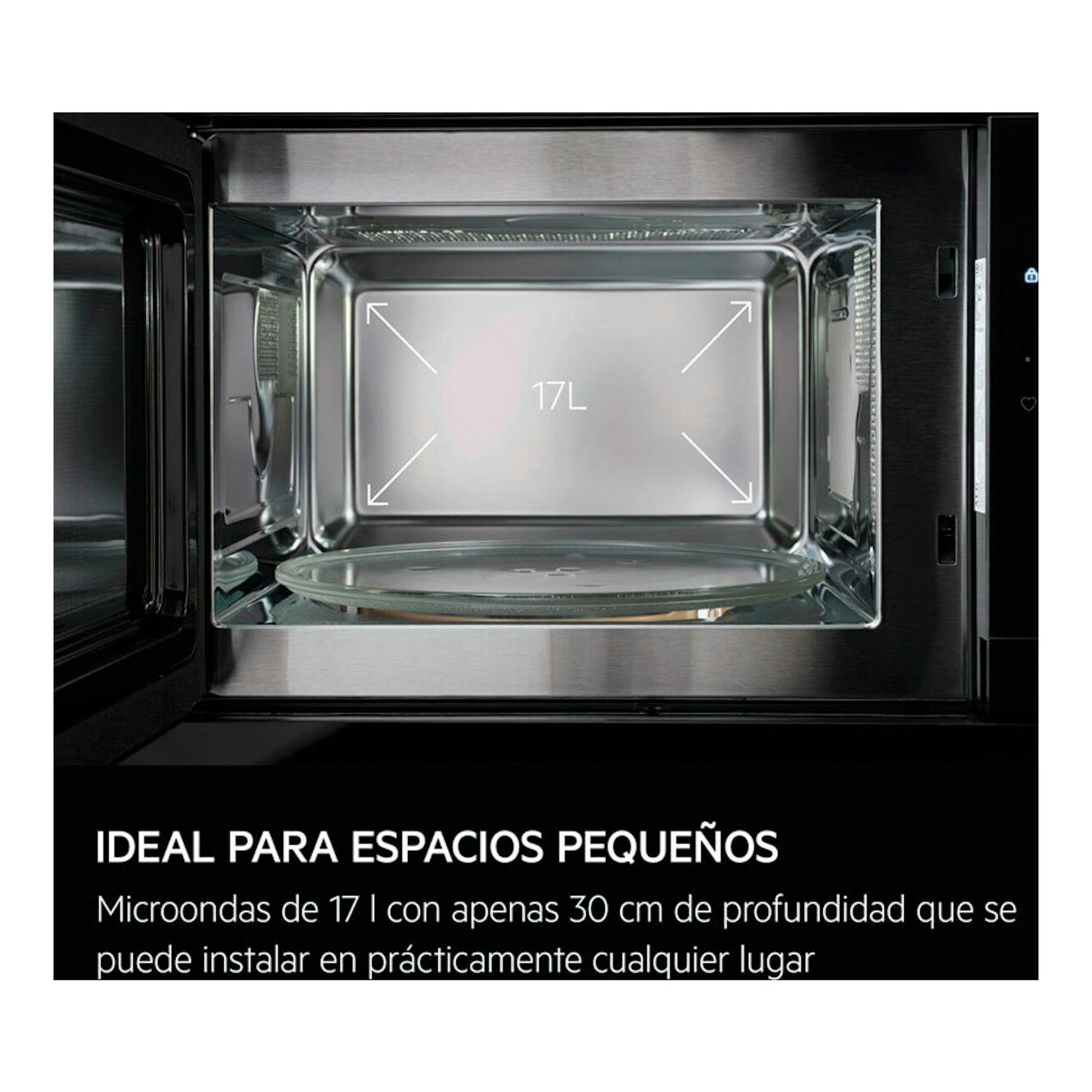 Microondas integrable AEG TB6GM171DB abierto, vista frontal del interior de acero inoxidable con plato giratorio.