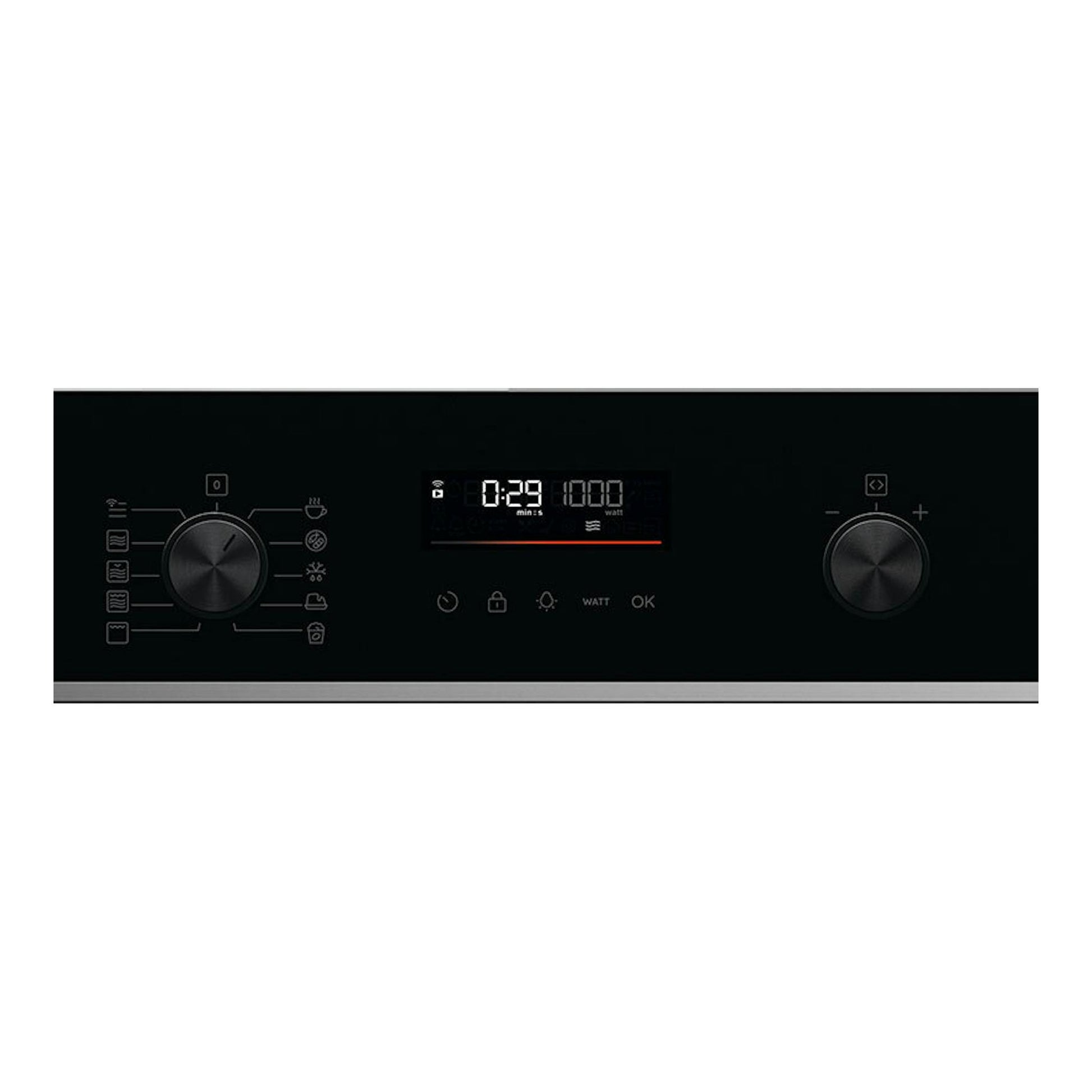 Microondas integrable AEG TM5NK401B negro, vista frontal del panel con dos mandos y display digital.