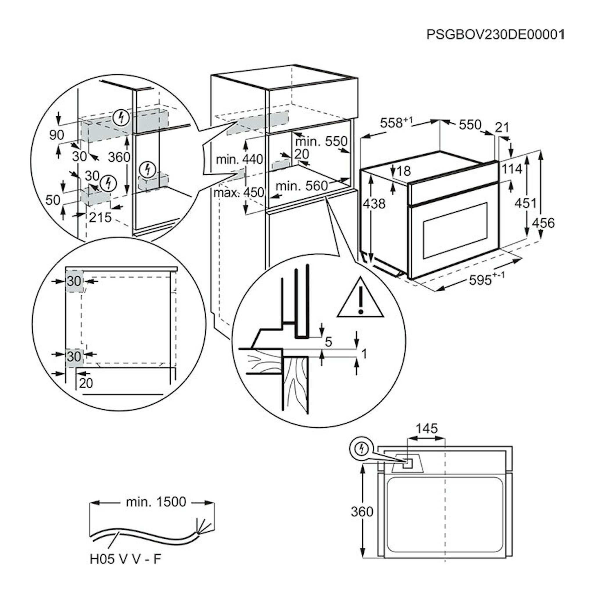 AEG TM7NK721B microondas integrable de 45 cm, diagrama técnico en blanco y negro con vistas frontal y lateral.