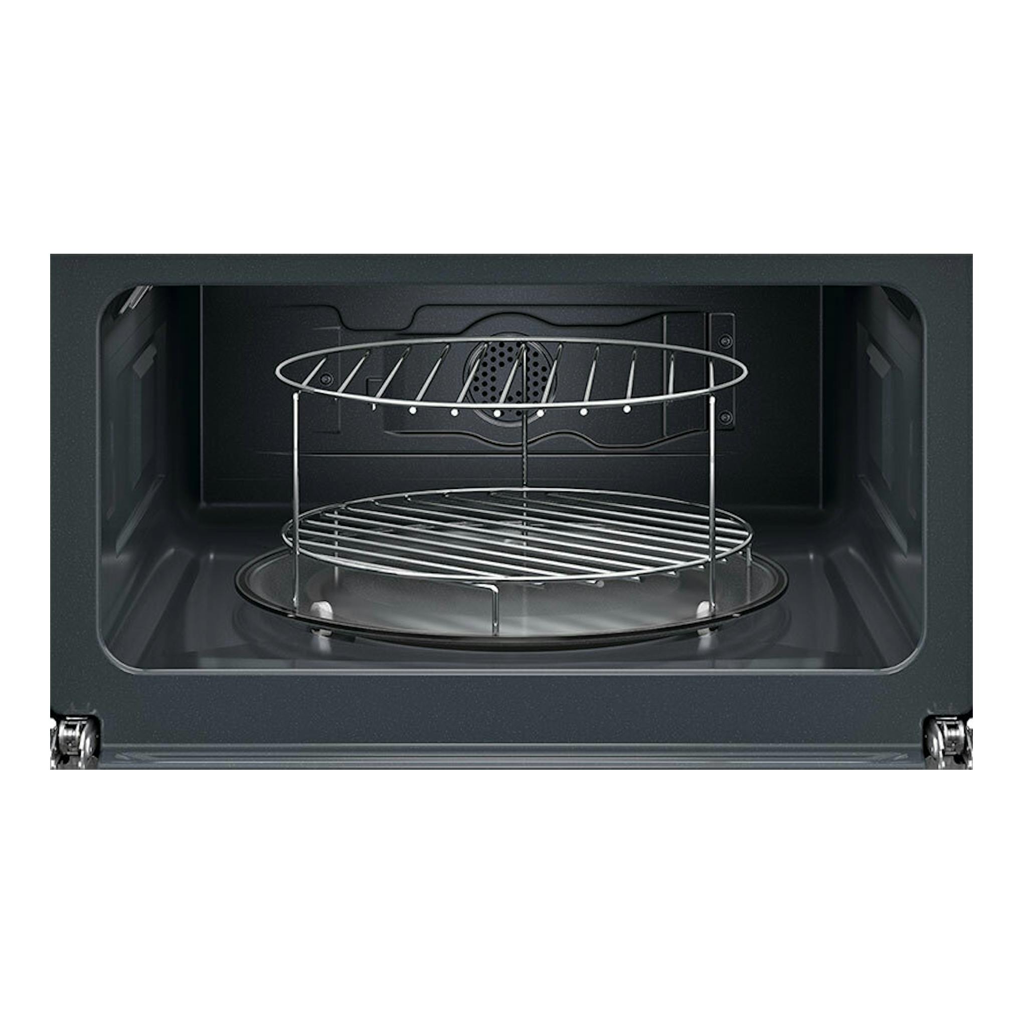 Microondas integrable AEG TM7NK721B negro, vista frontal del interior con plato giratorio y rejilla metálica.