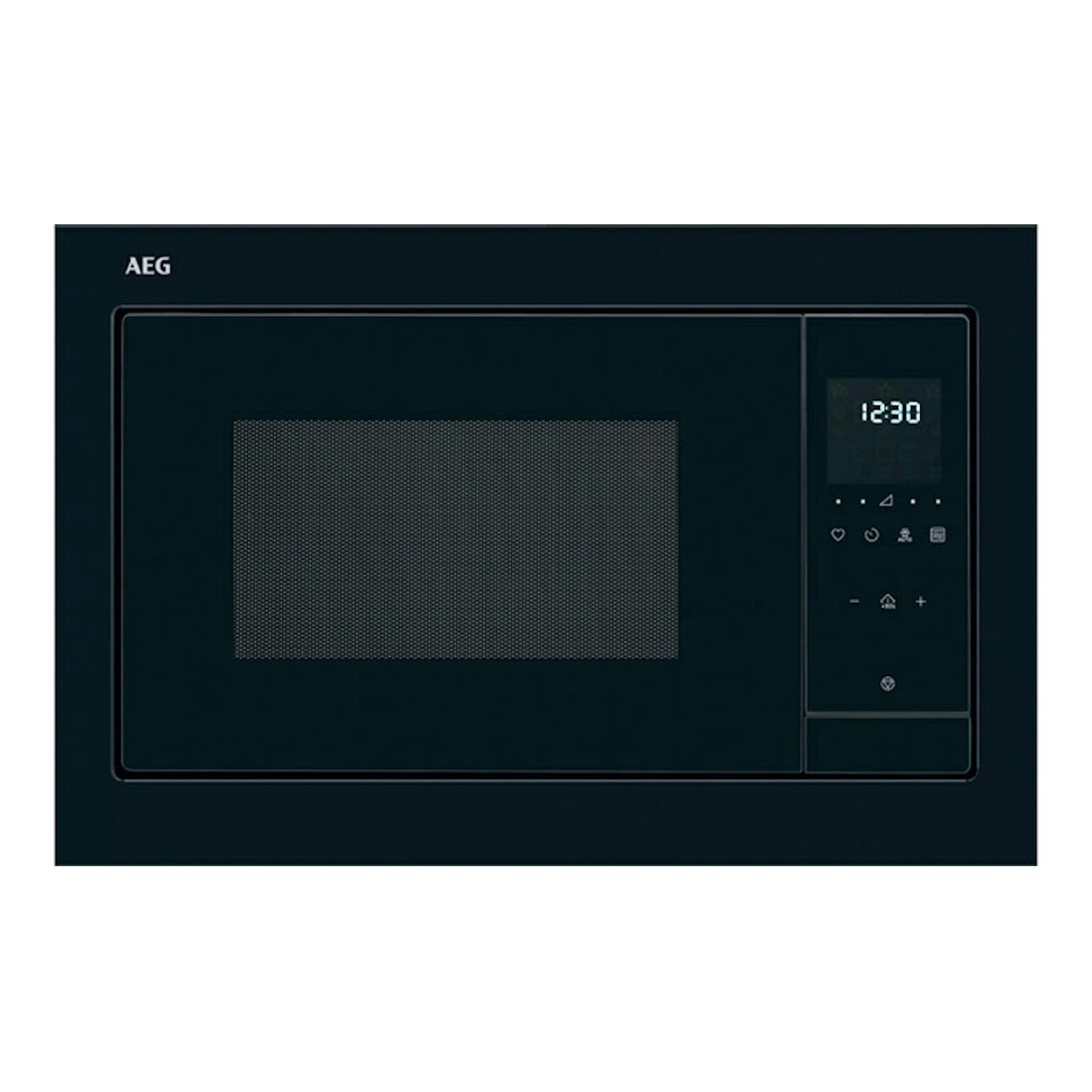 Microondas integrable AEG TS5GM25EB negro, vista frontal, con panel digital y reloj 12:30.
