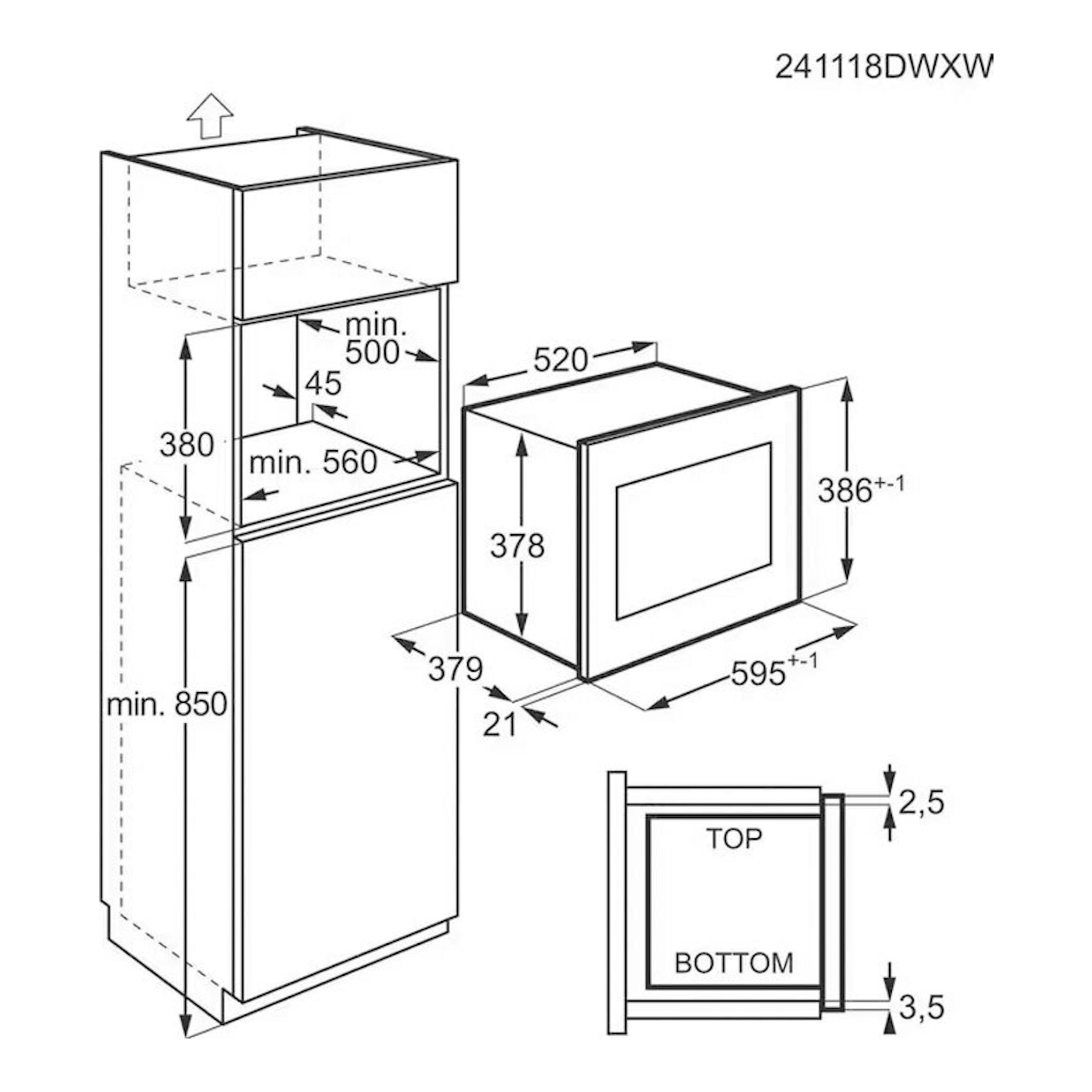 AEG TS5GM25EB: diagrama técnico en blanco y negro de microondas integrable con medidas de encastre.