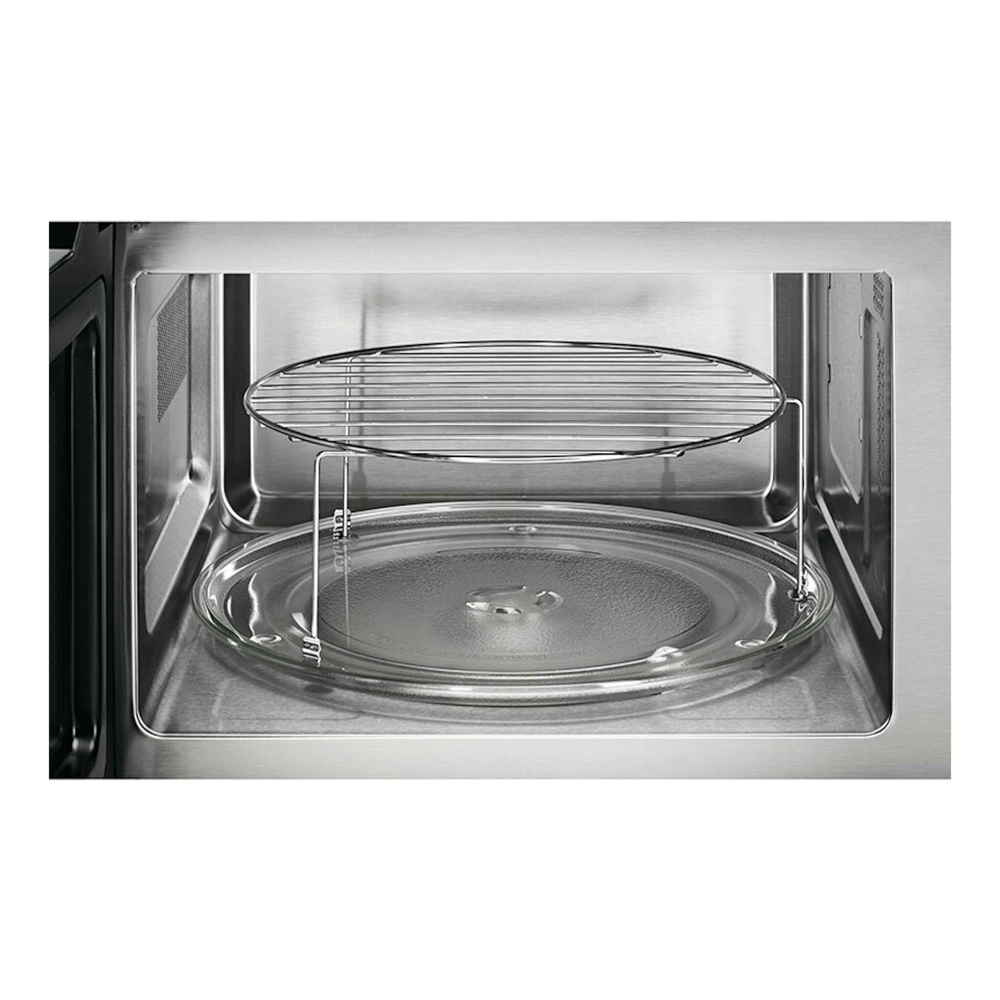 Interior de microondas integrable AEG TS5GM25EB en acero inoxidable, con plato giratorio y rejilla.