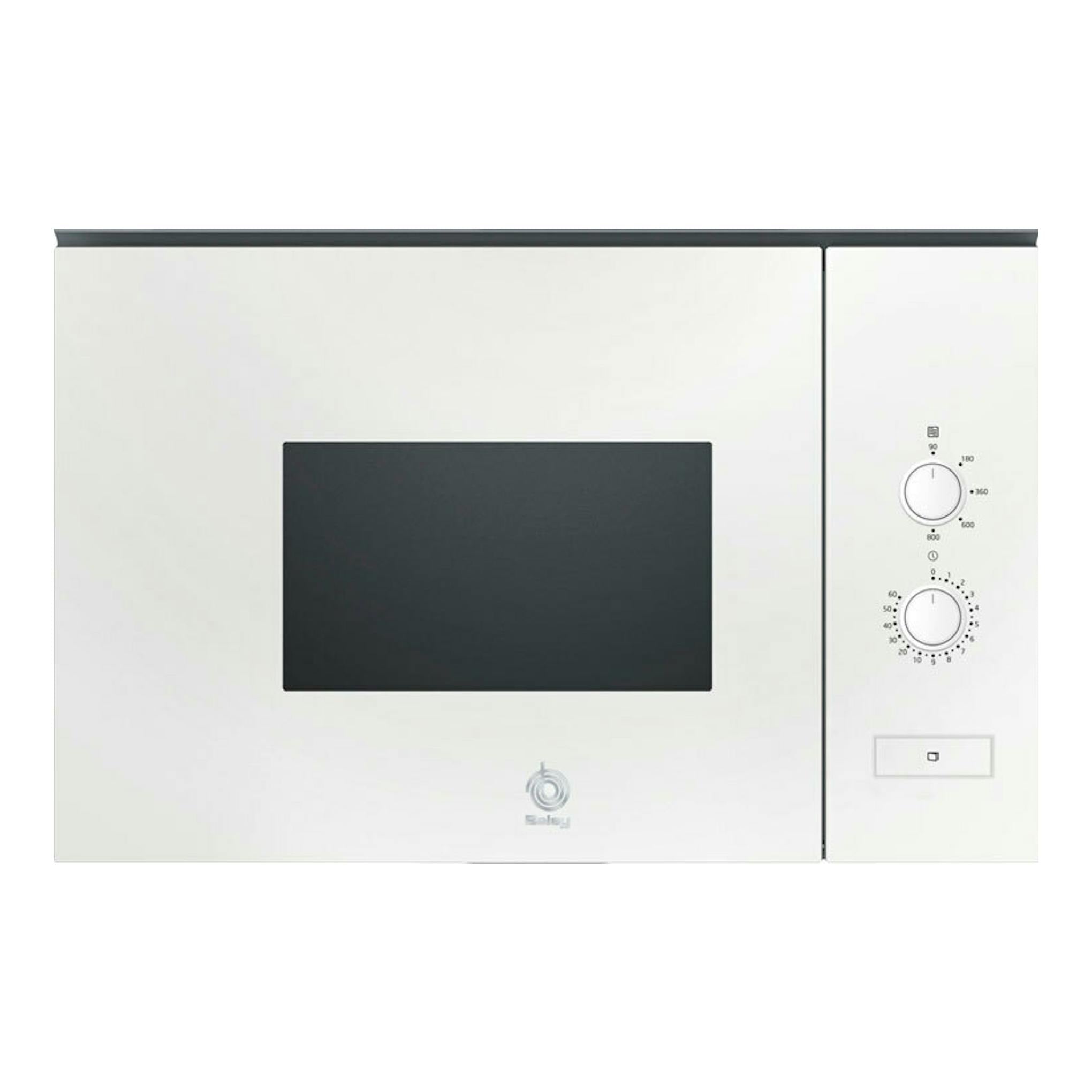 Microondas integrable Balay 3CP5002B3 blanco, vista frontal, con puerta negra y dos mandos a la derecha.