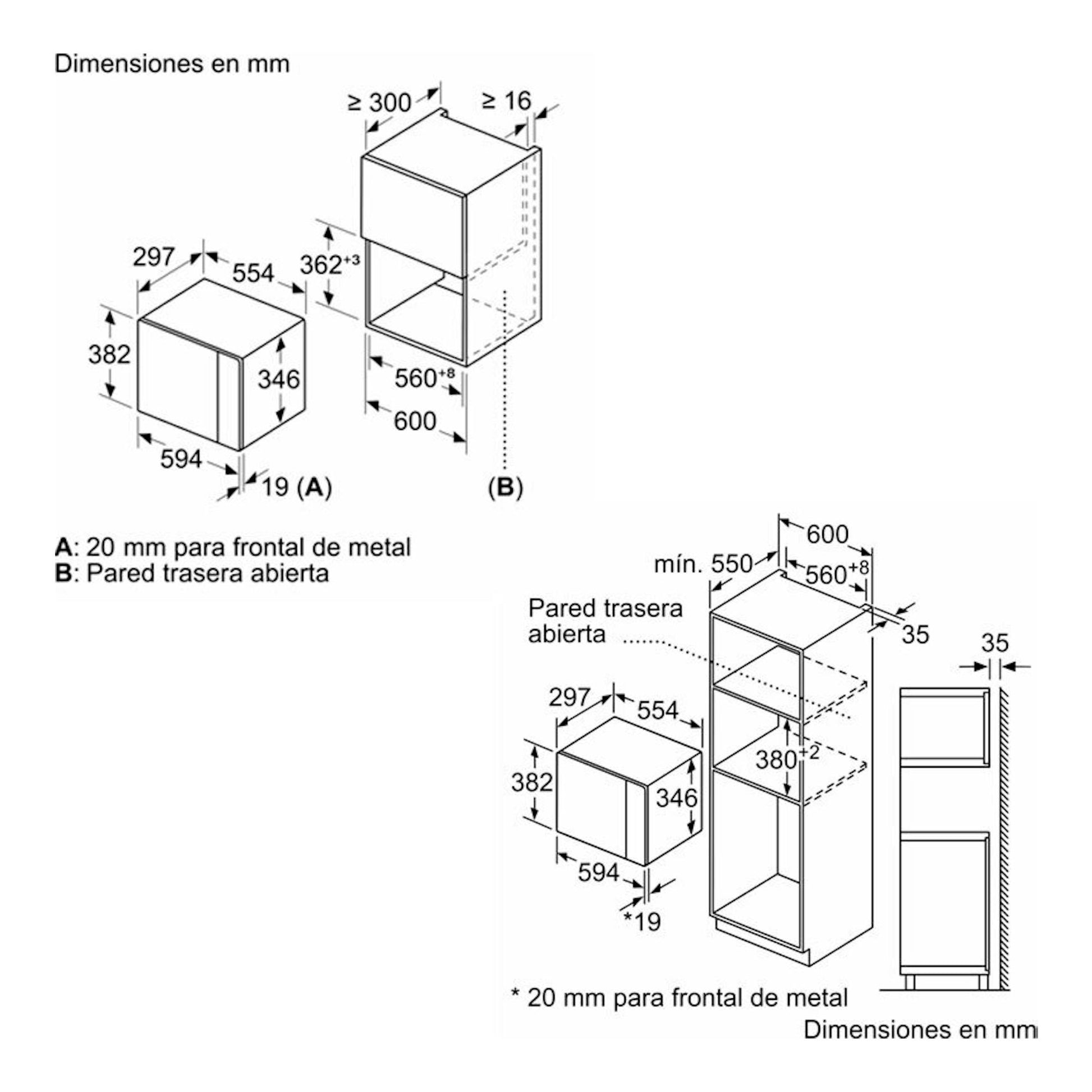 Esquema técnico de dimensiones del microondas integrable Balay 3CP5002B3 blanco, vistas frontal y lateral.