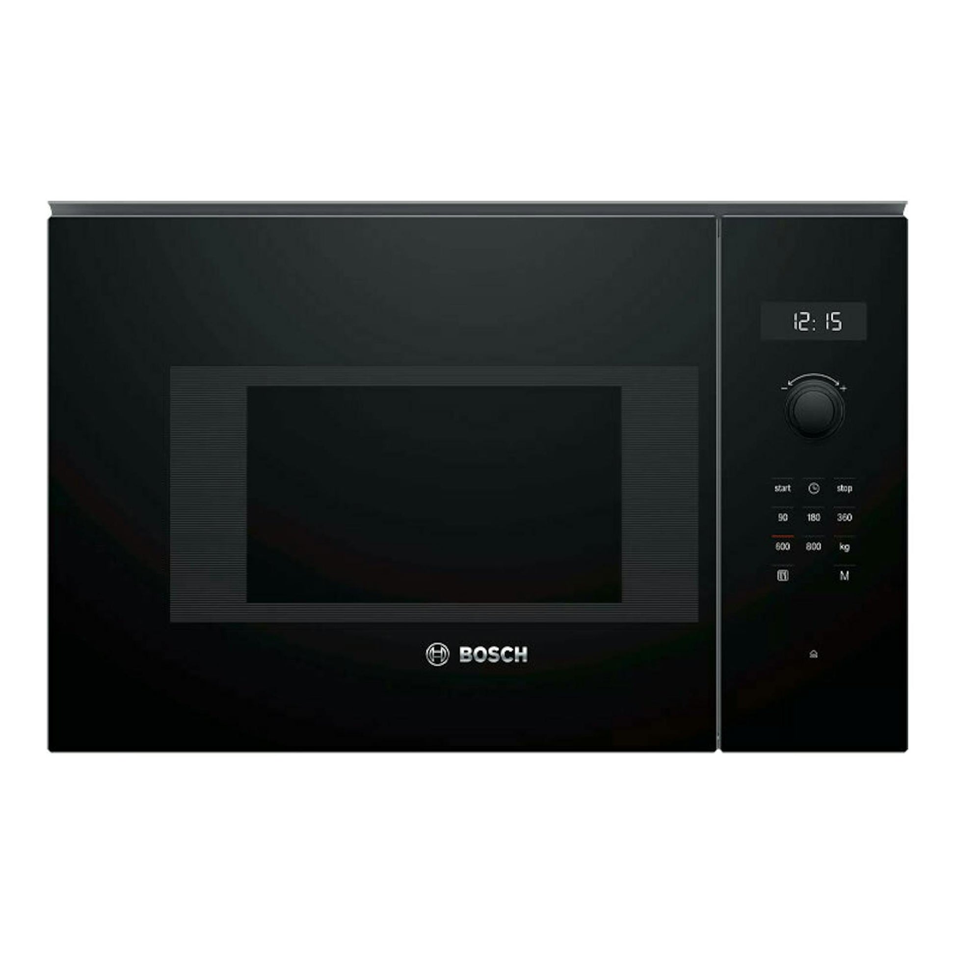 Microondas integrable Bosch BFL524MB0 negro, vista frontal con panel digital y mando giratorio.