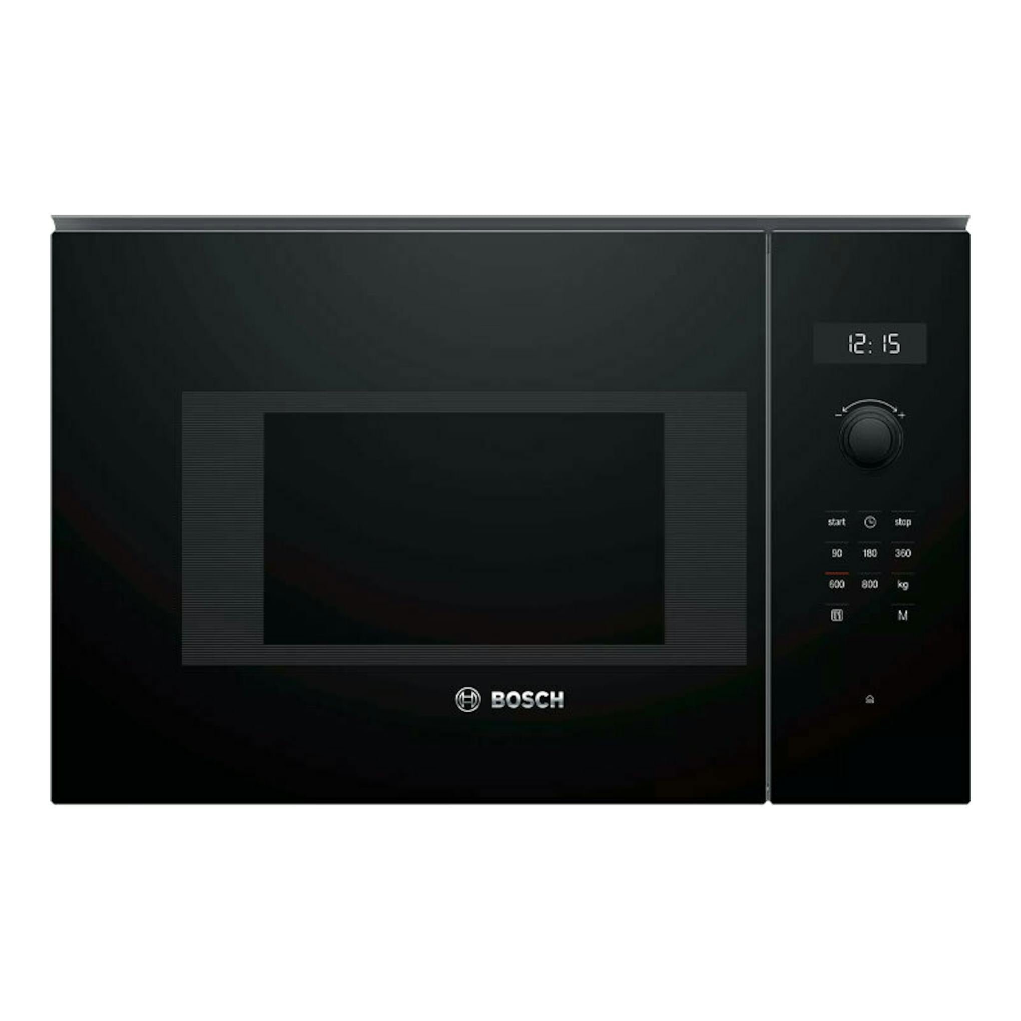 Microondas integrable Bosch BFL524MB0 negro, vista frontal con panel digital y mando giratorio.
