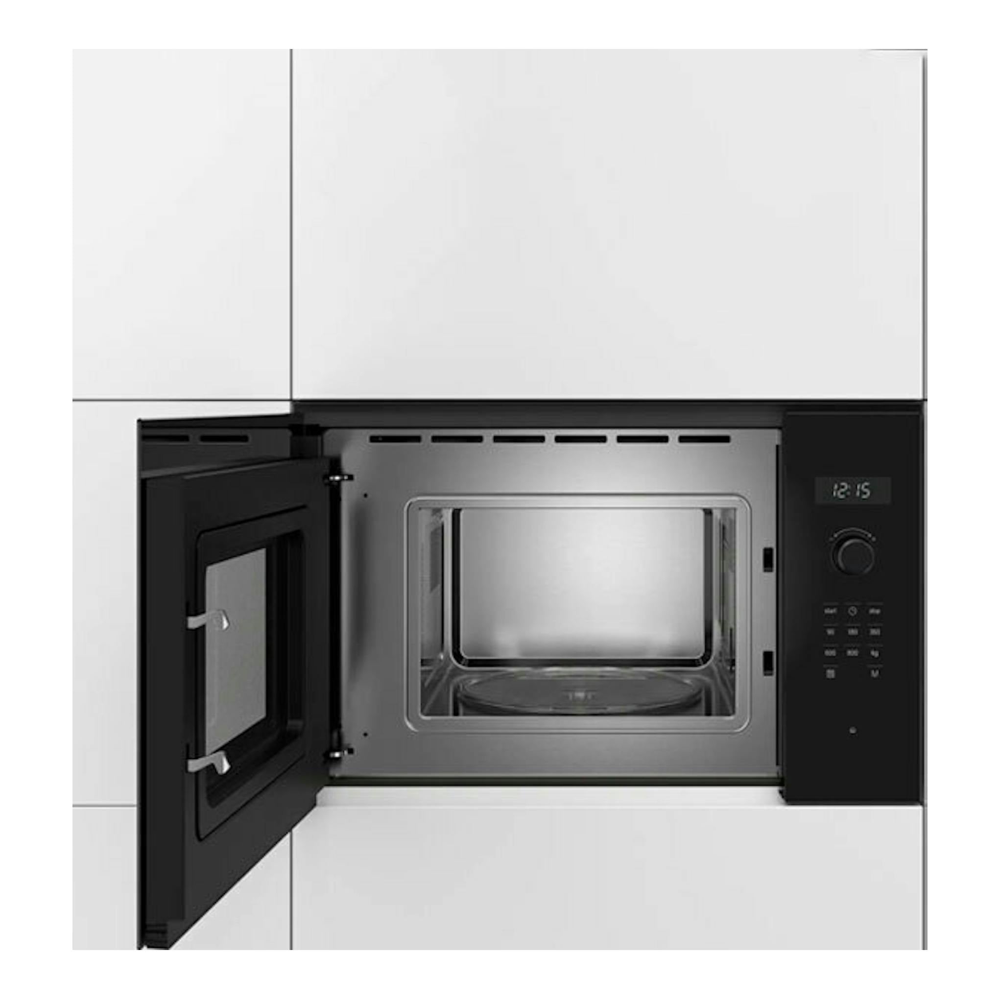 Microondas integrable Bosch BFL524MB0 negro, vista frontal con la puerta abierta y panel digital.