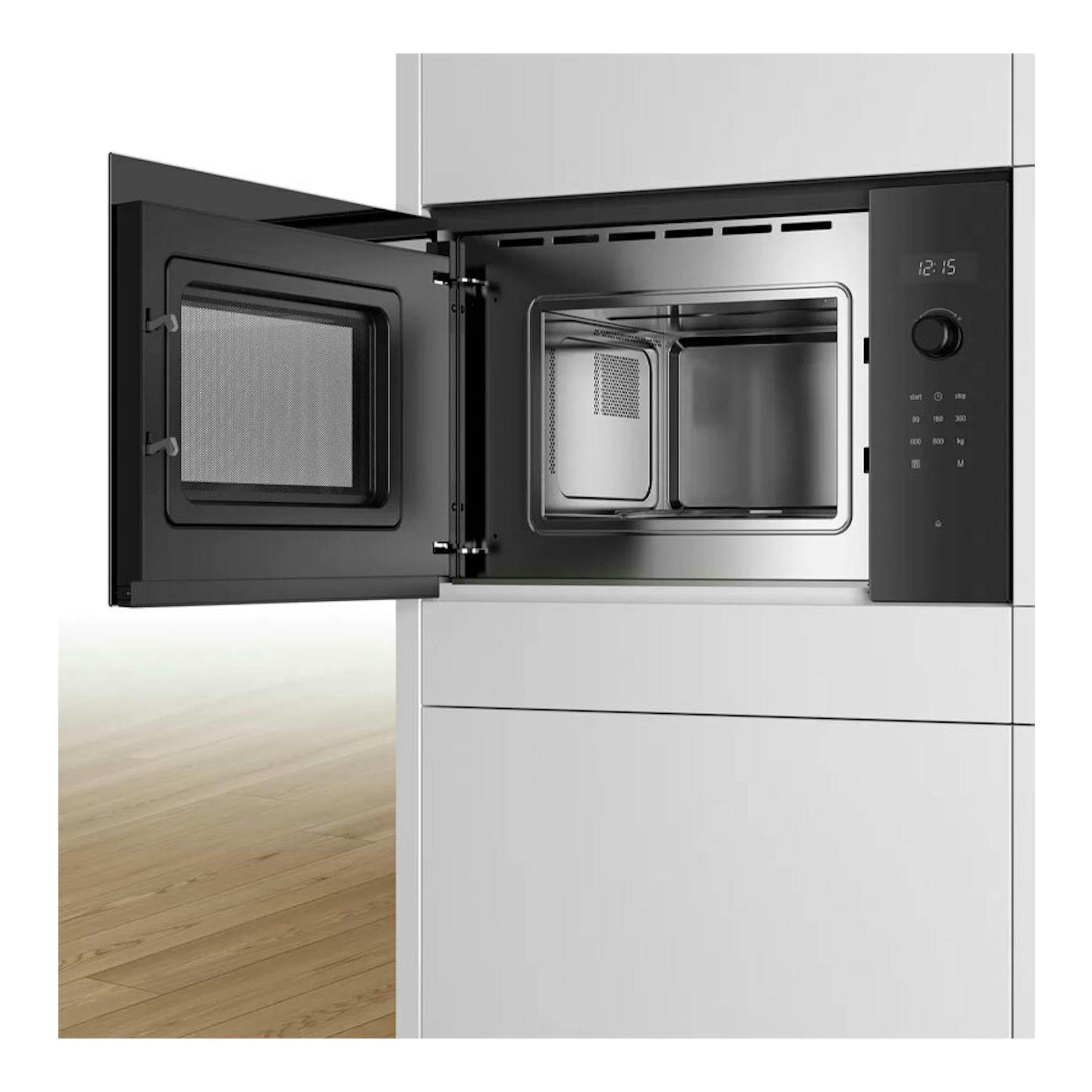 Microondas integrable Bosch BFL524MB0 negro, vista frontal con la puerta abierta en un mueble blanco.
