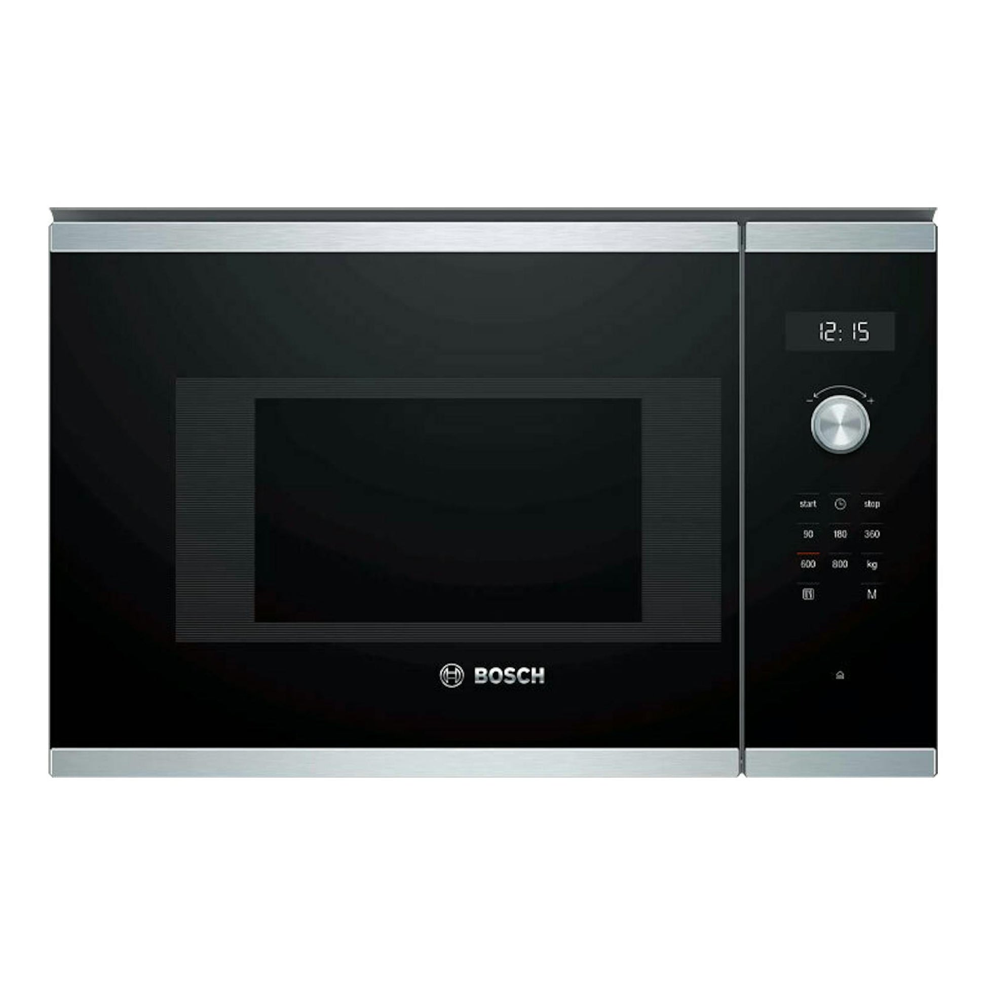 Microondas integrable Bosch BFL524MS0, vista frontal, negro con detalles inox y panel digital a la derecha.