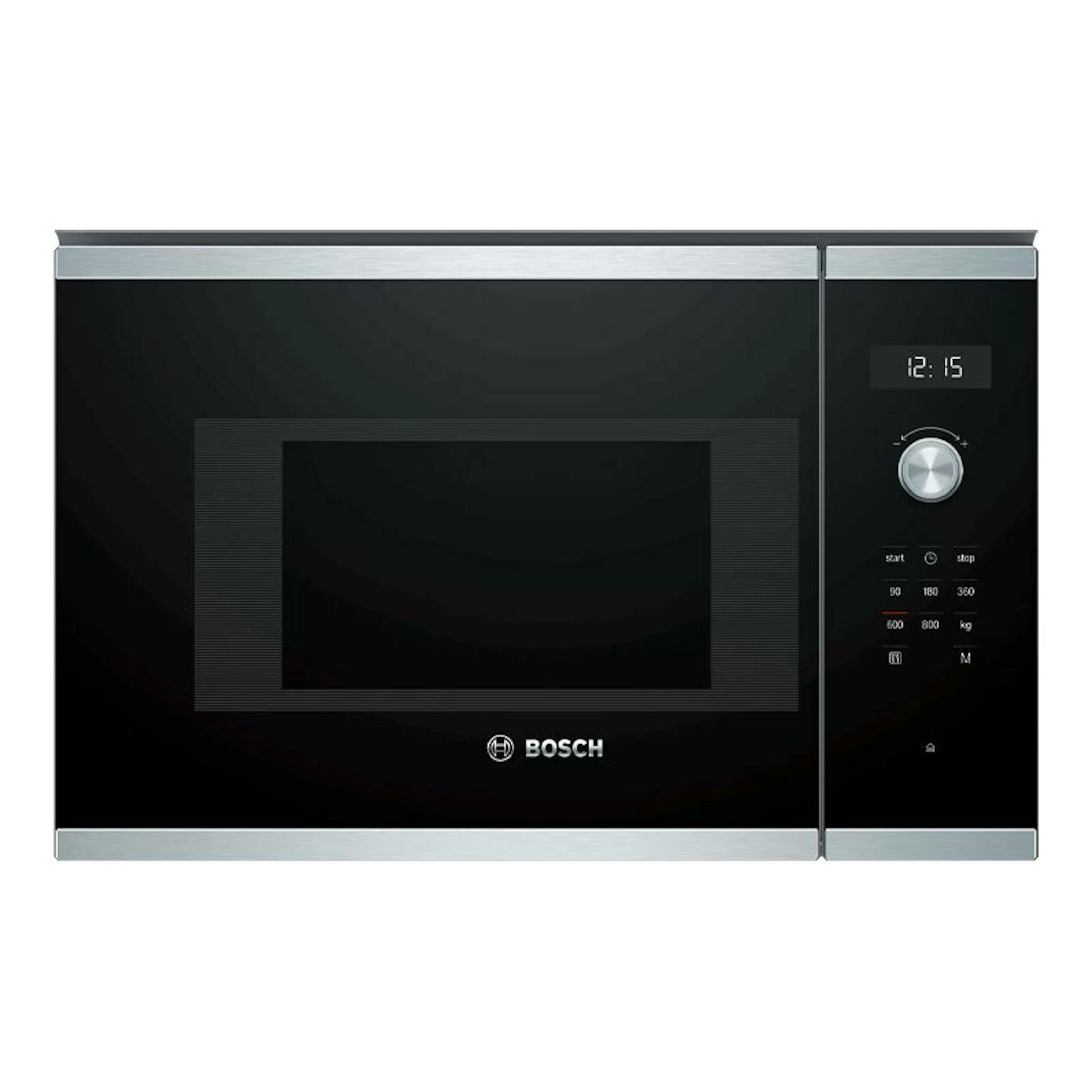 Microondas integrable Bosch BFL524MS0, vista frontal, negro con detalles inox y panel digital a la derecha.