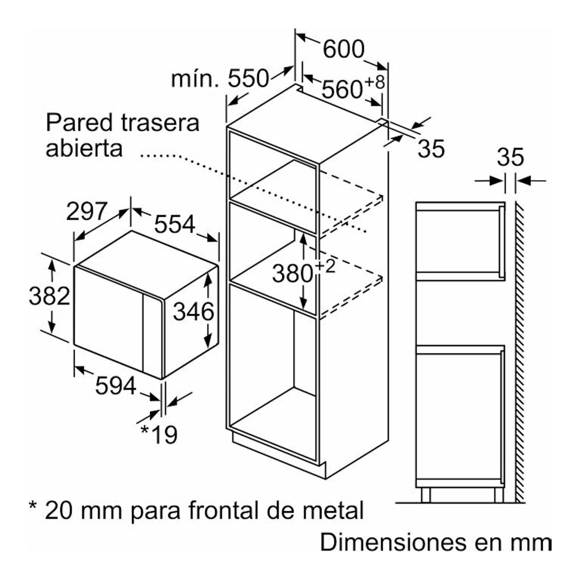 Bosch BFL524MS0: esquema técnico en blanco y negro con medidas de microondas integrable y mueble en perspectiva.