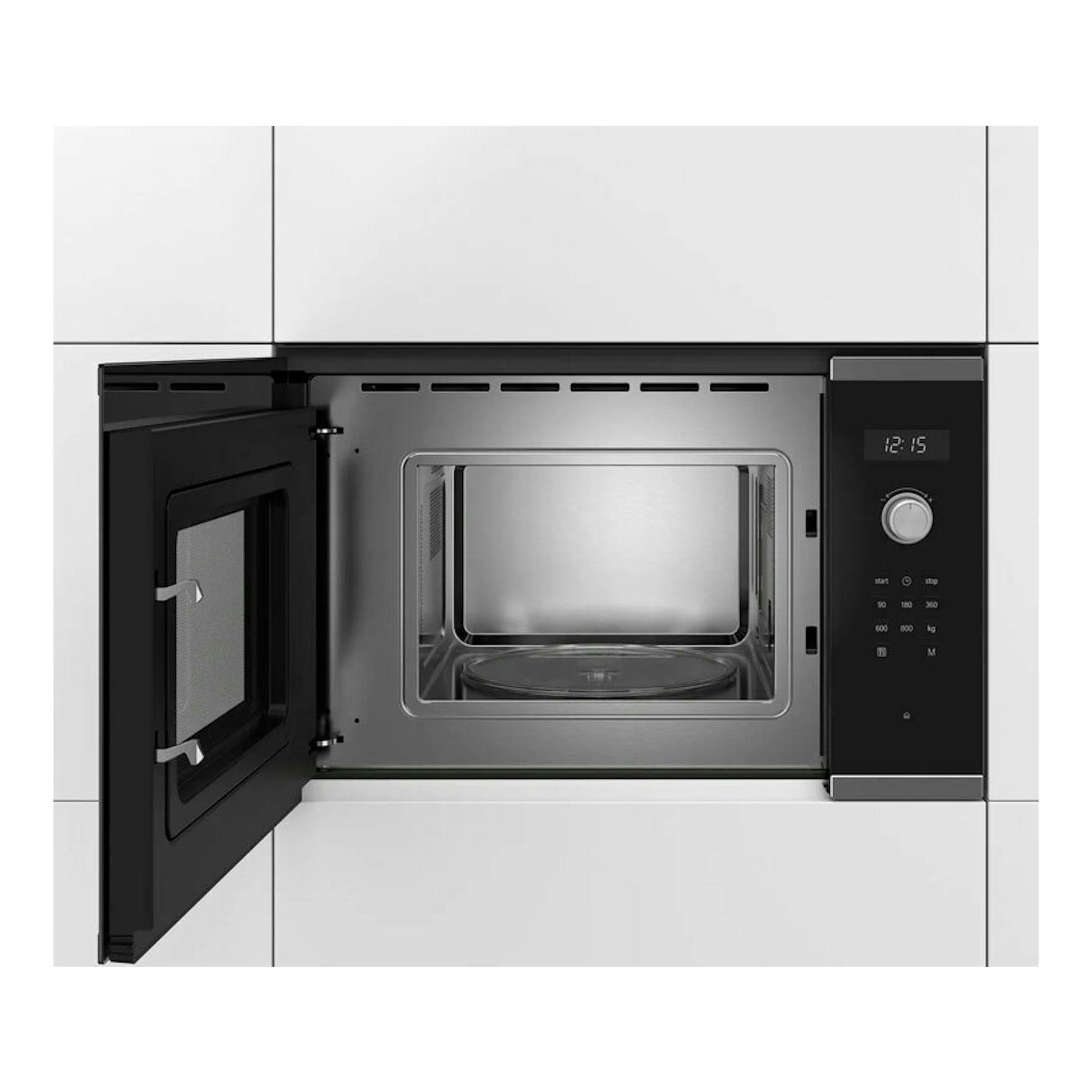 Microondas integrable Bosch BFL524MS0 inox, puerta abierta, vista frontal.