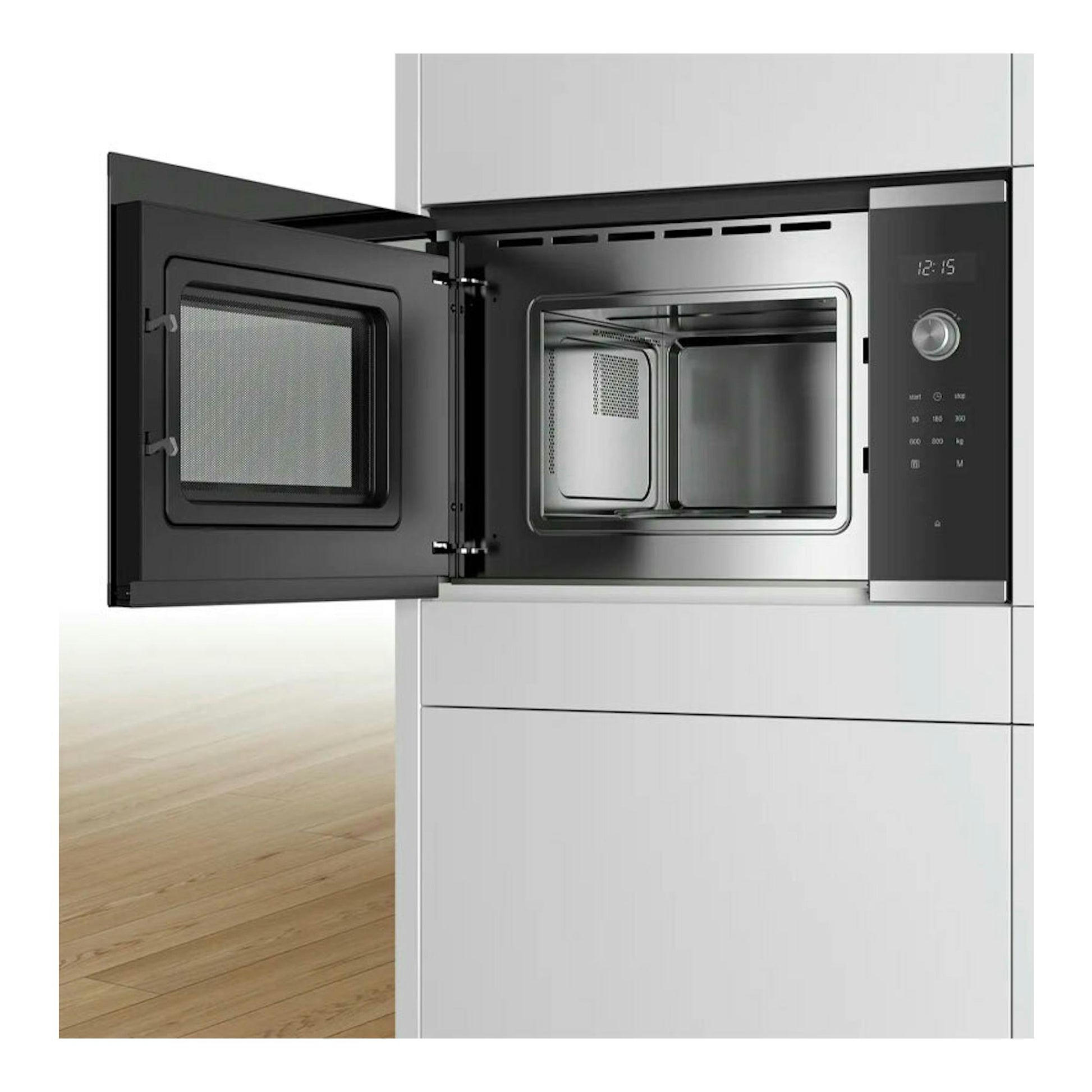 Microondas integrable Bosch BFL524MS0 inox, vista frontal, puerta abatible abierta y panel negro con interior de acero.