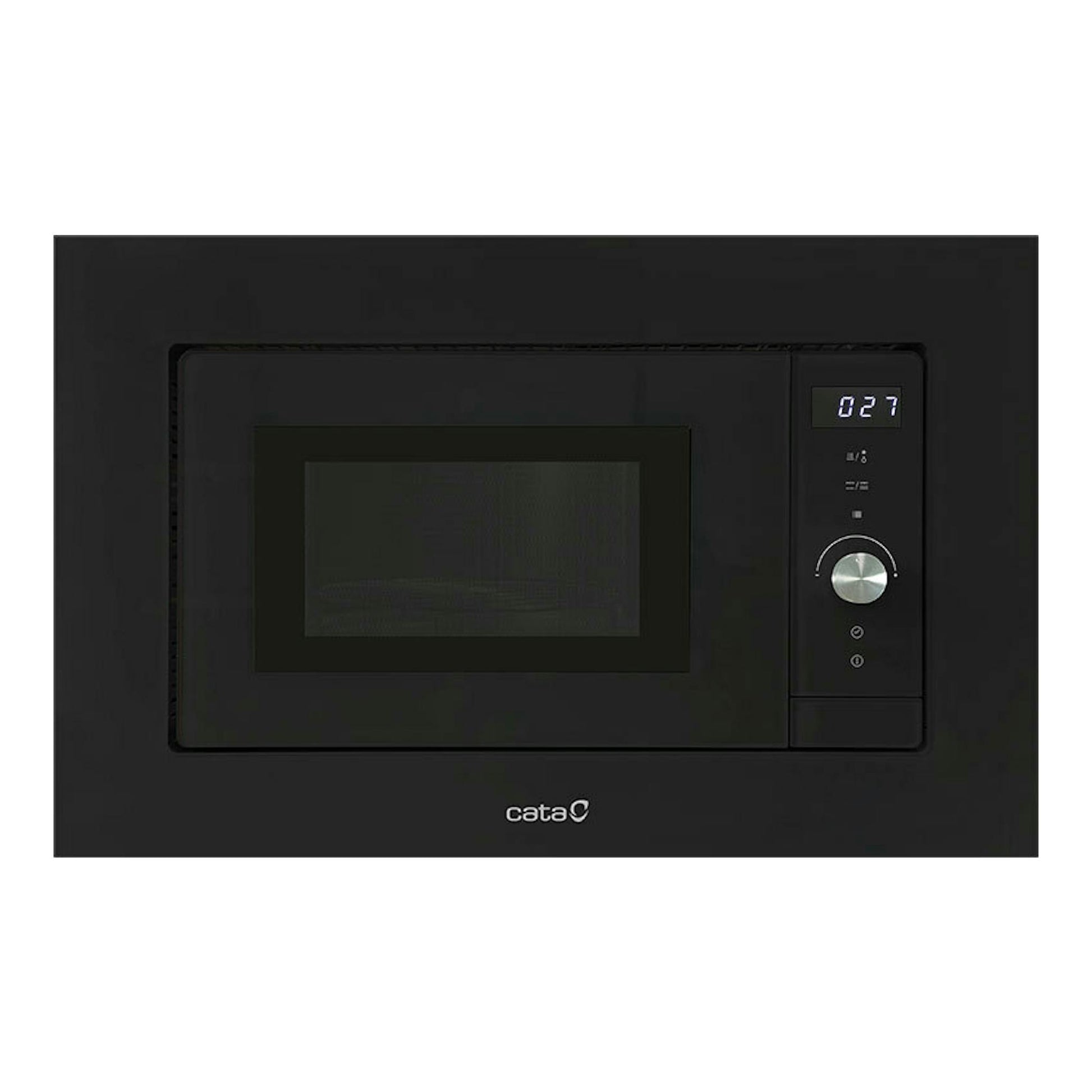 Microondas integrable Cata MC20D BK negro, vista frontal, con puerta de cristal y panel digital lateral.