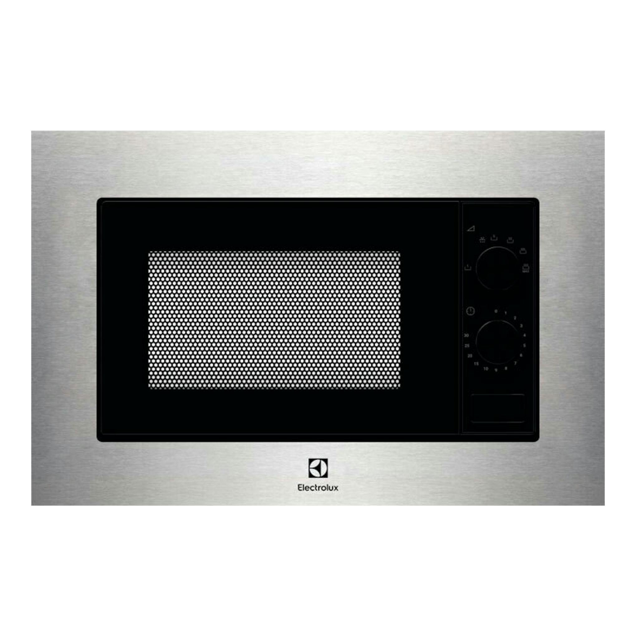Microondas integrable Electrolux KMSE173MMX en inox, vista frontal, puerta negra y panel de control lateral derecho.