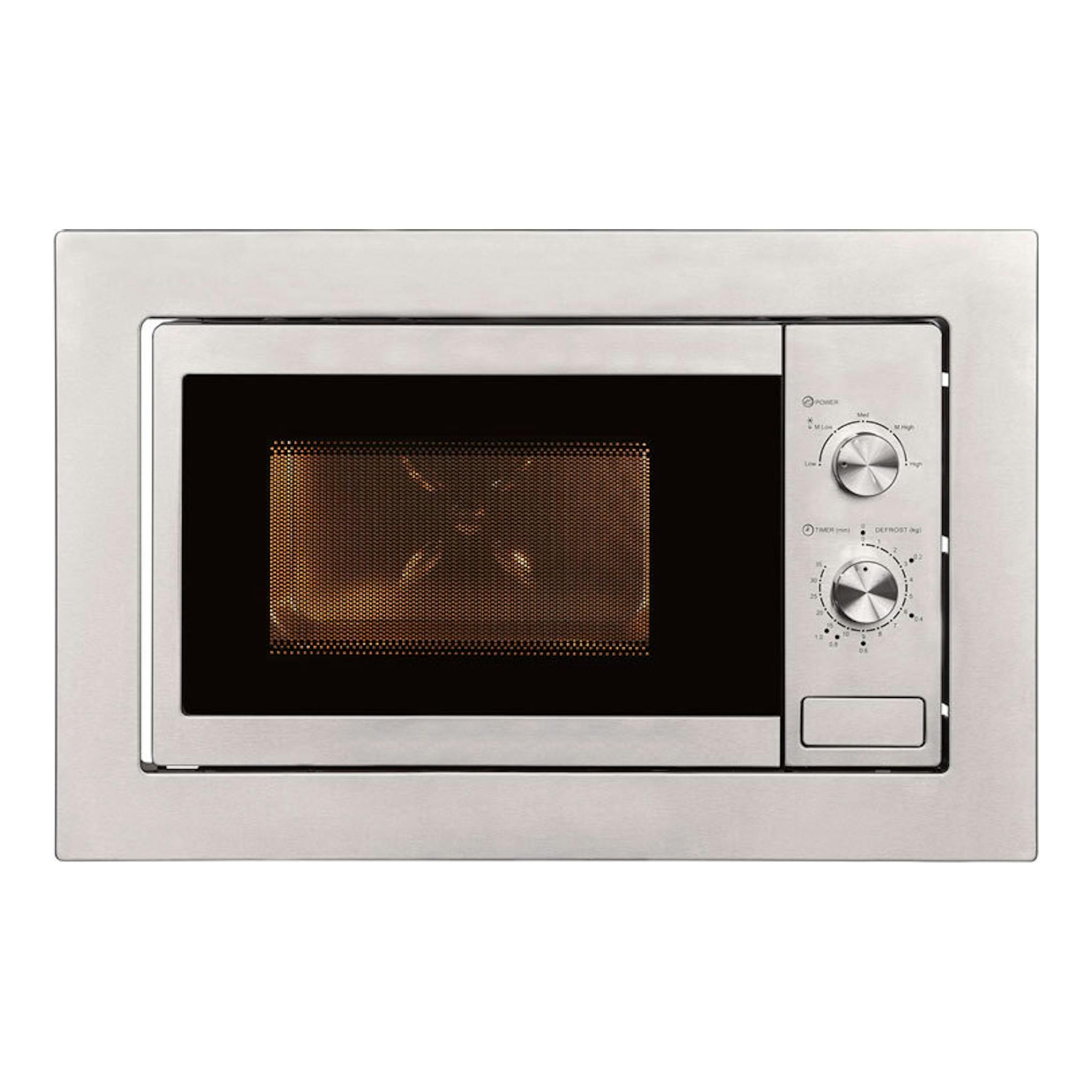 Microondas integrable Exquisit EMW 10-020 inox, vista frontal, acero inoxidable, puerta negra y mandos a la derecha.