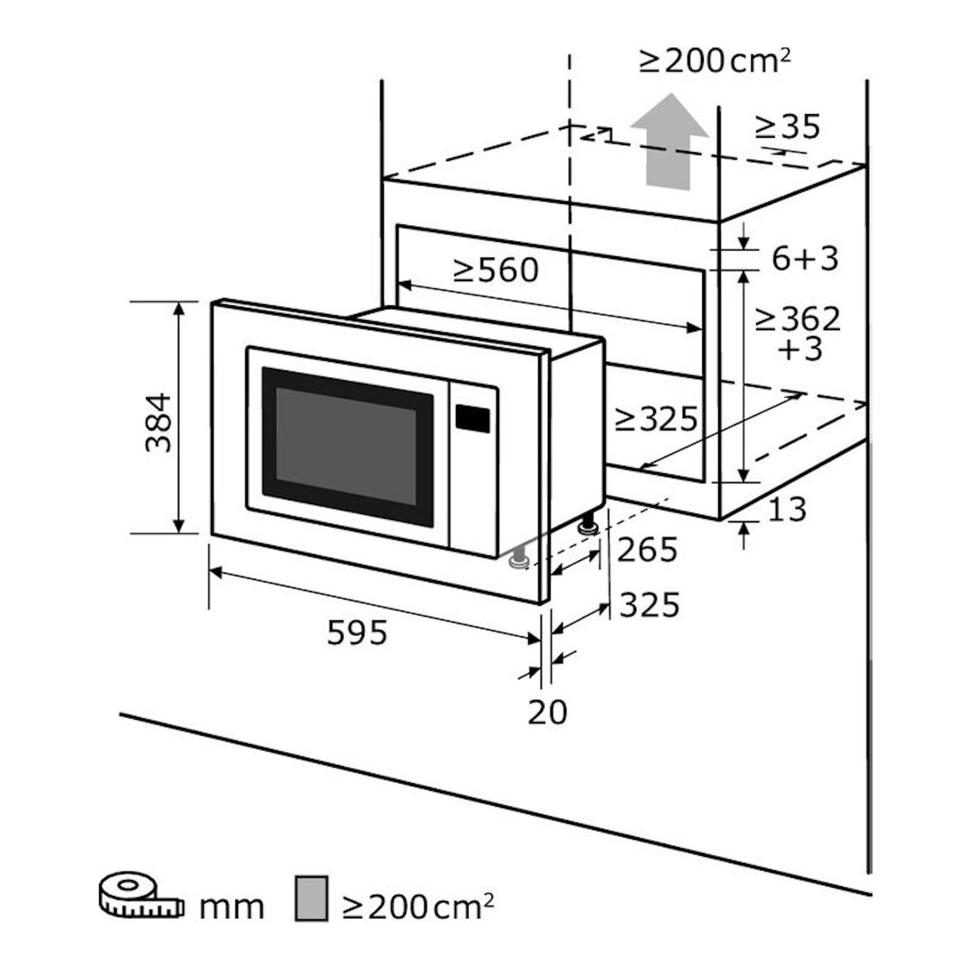 Diagrama técnico del microondas integrable Exquisit EMW 10-020 Inox con medidas de instalación en mm.