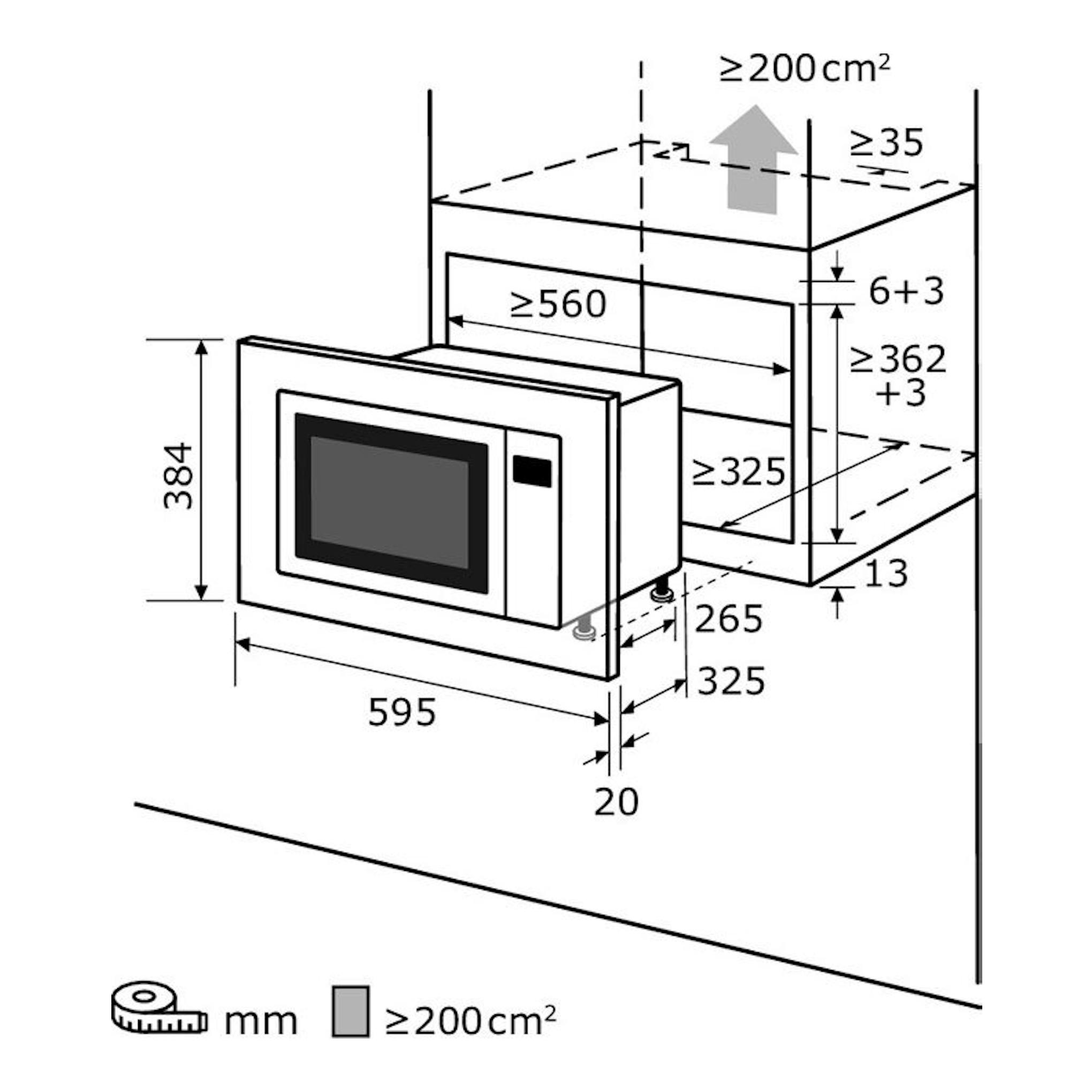 Diagrama técnico del microondas integrable Exquisit EMW 10-020 Inox con medidas de instalación en mm.