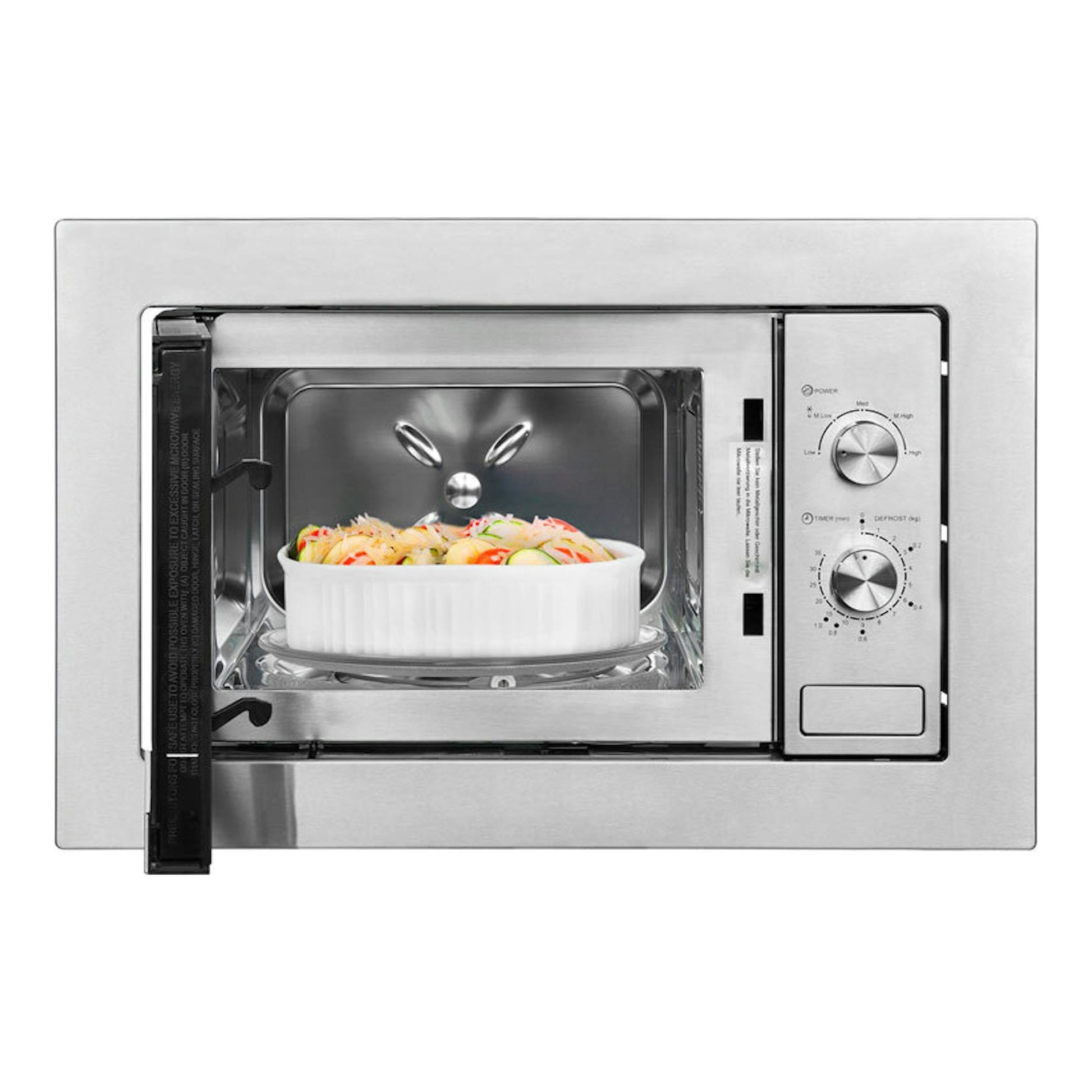 Microondas integrable Exquisit EMW 10-020 inox, vista frontal con puerta abierta.