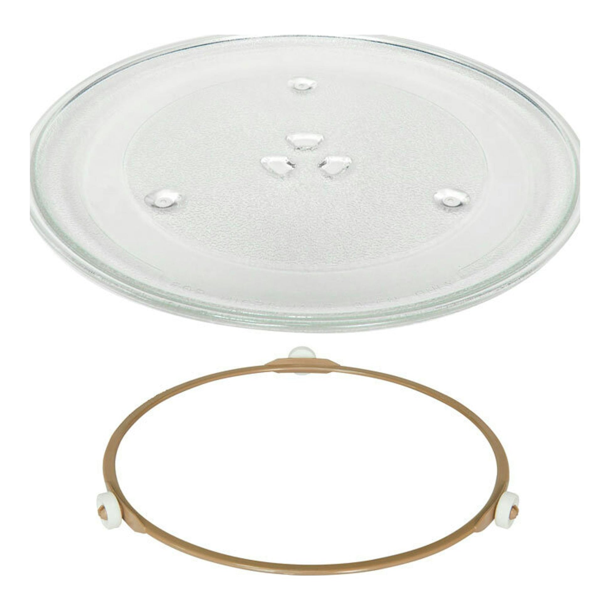 Plato giratorio de vidrio y aro soporte beige para microondas, vista frontal sobre fondo blanco.