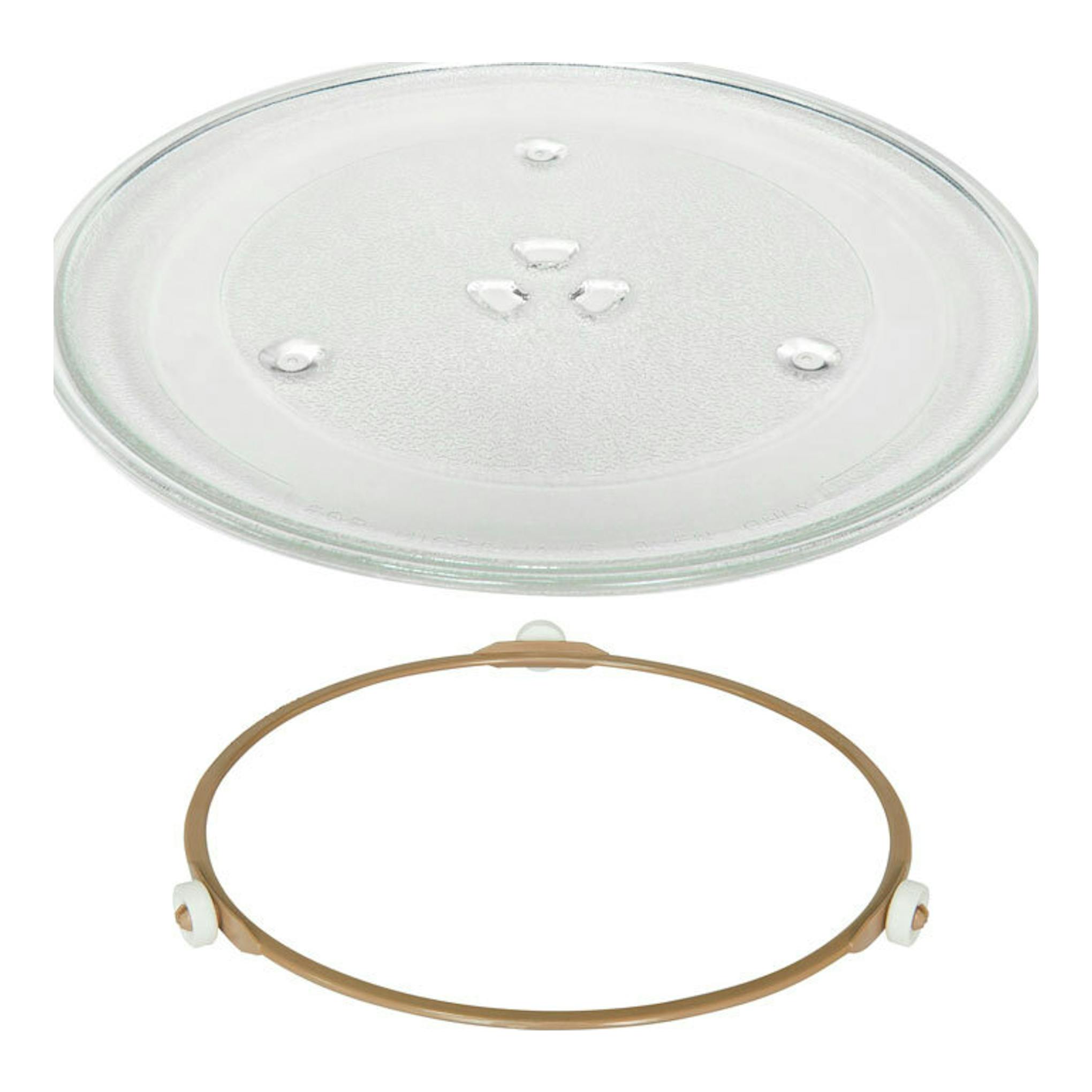 Plato giratorio de vidrio y aro soporte beige para microondas, vista frontal sobre fondo blanco.