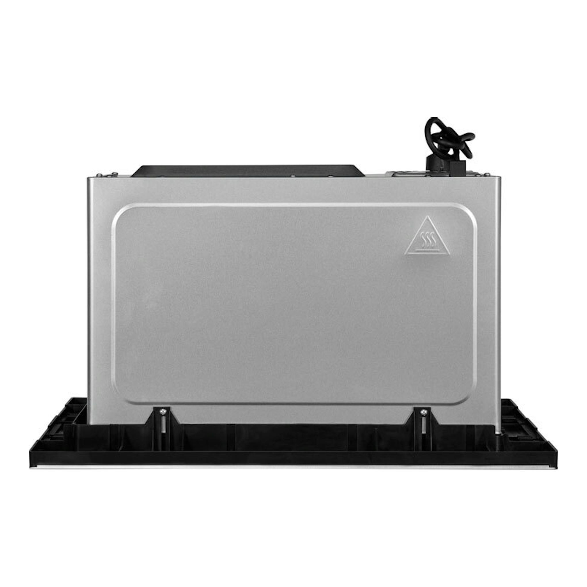 Microondas integrable Exquisit EMW 10-020 Inox, vista trasera, carcasa plateada y base negra.
