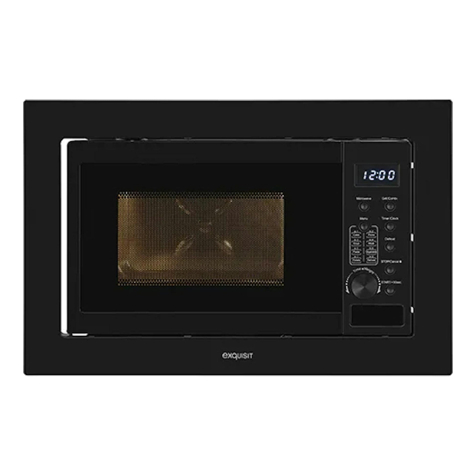 Microondas integrable Exquisit EMW20-DG-020 negro, vista frontal, con panel digital a la derecha.