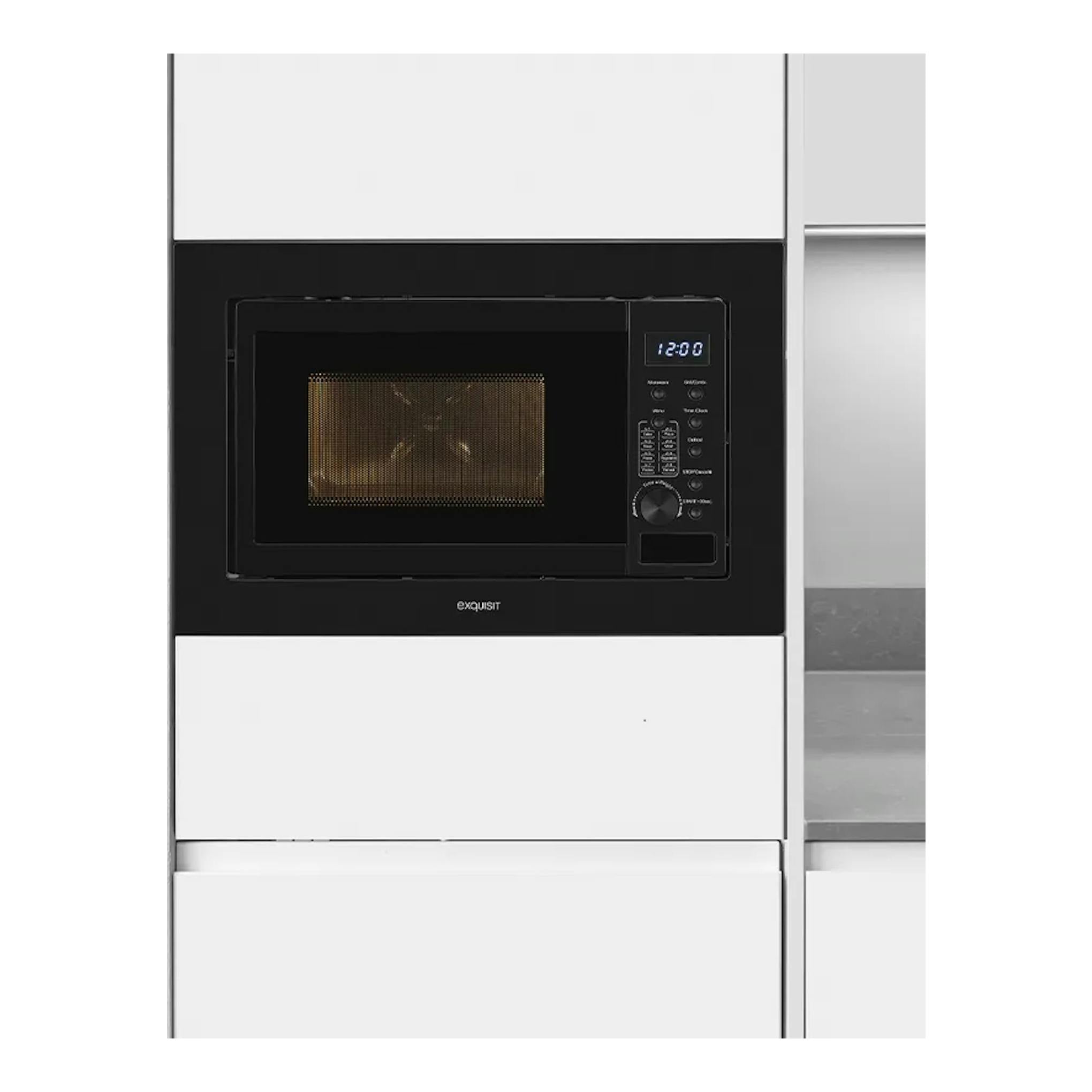Microondas integrable Exquisit EMW20-DG-020 negro, vista frontal, con panel digital y puerta de vidrio.