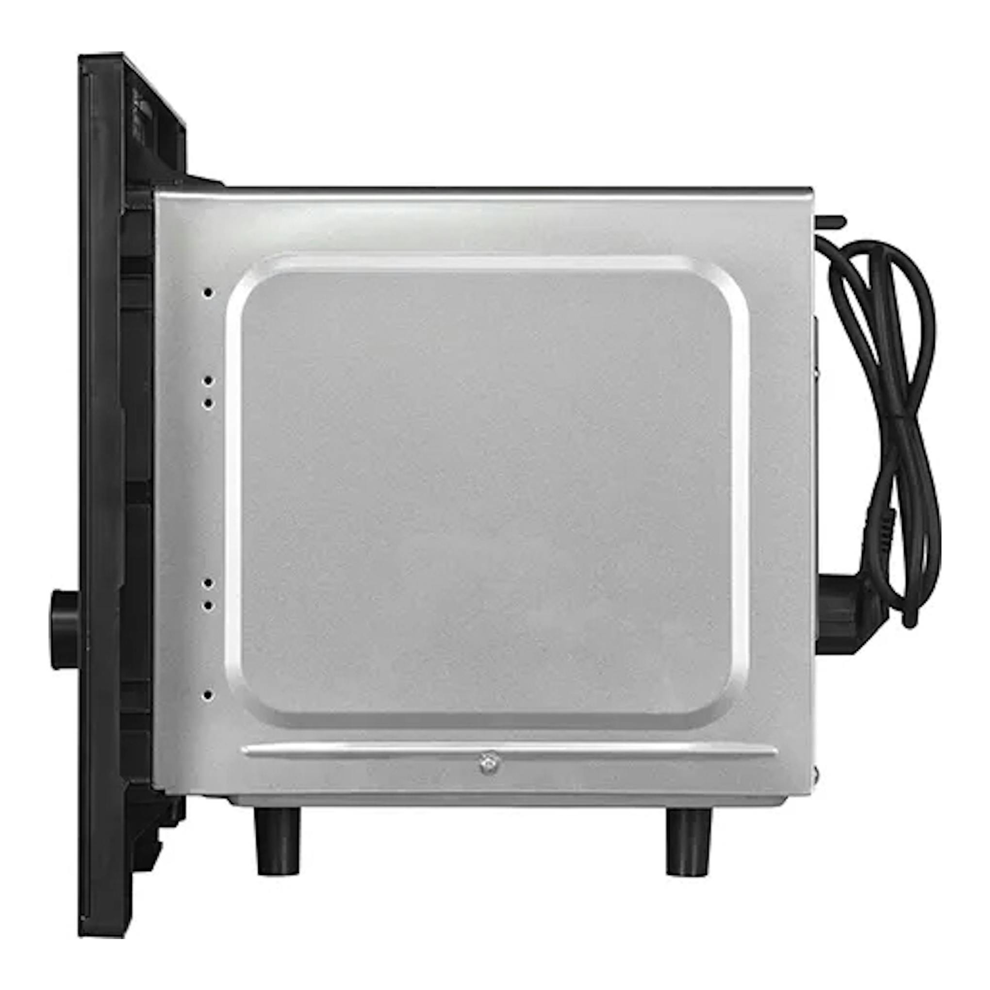 Microondas integrable Exquisit EMW20-DG-020, vista trasera lateral, acero inoxidable y negro, con cable.