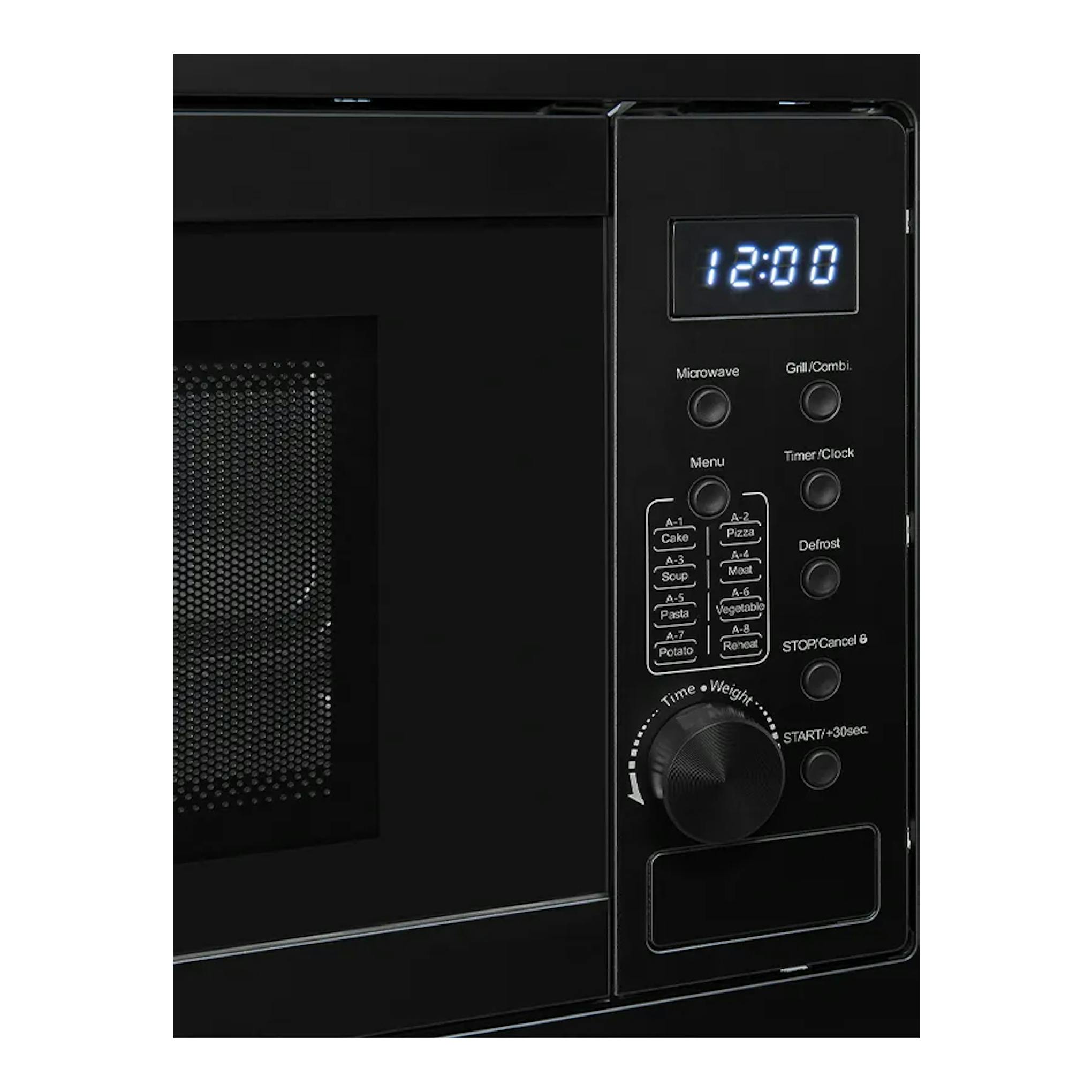 Microondas integrable Exquisit EMW20-DG-020 negro, vista frontal parcial con panel digital y selector.